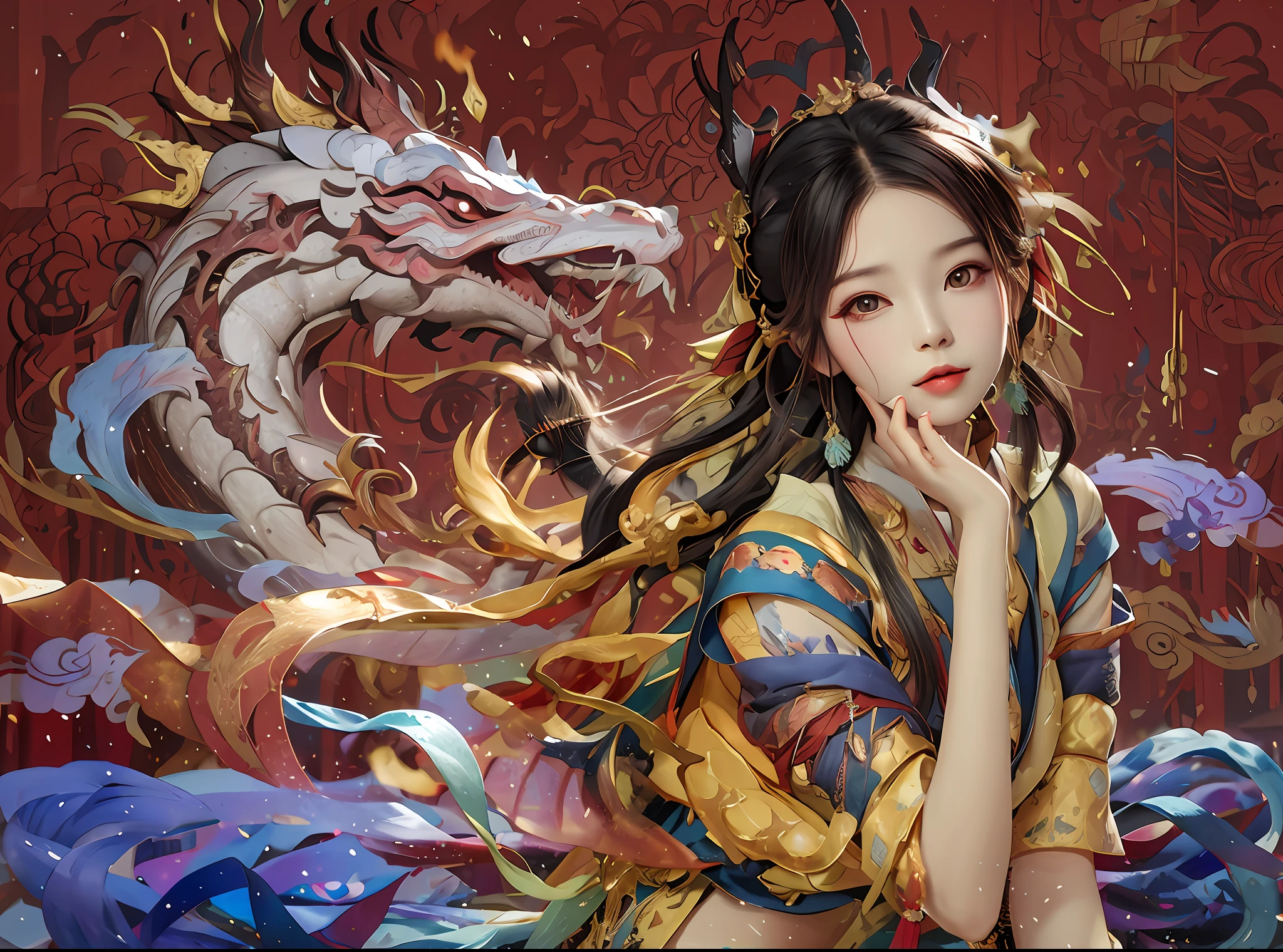 There is a dragon behind him, the dragon girl portrait, by Yang J, trending on cgstation, drak, inspired by Park Hua, Chinese fantasy, Dragon girl, Inspired by Lan Ying, Beautiful character painting, dragon-inspired cloth robes, Palace , A girl in Hanfu, Guviz, inspired by Wu Bin