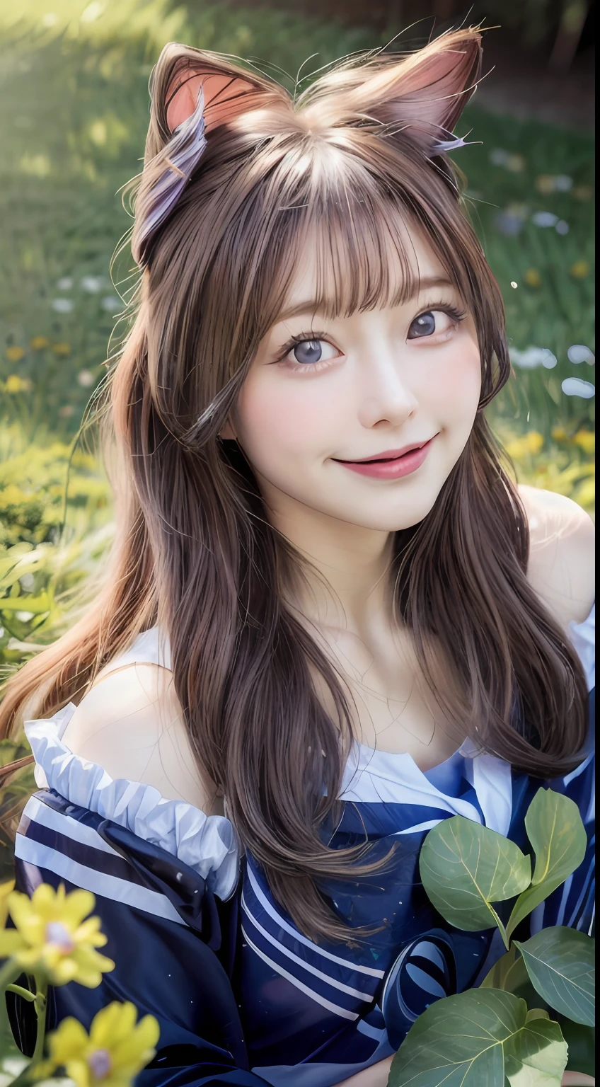 ultra high res, (photorealistic:1.4), raw photo,16K, (solo,1girl,:1.2), Flower field, flower, butterfly, kokomidef, kokomirnd,closed mouth,light smile,cinematic lighting,