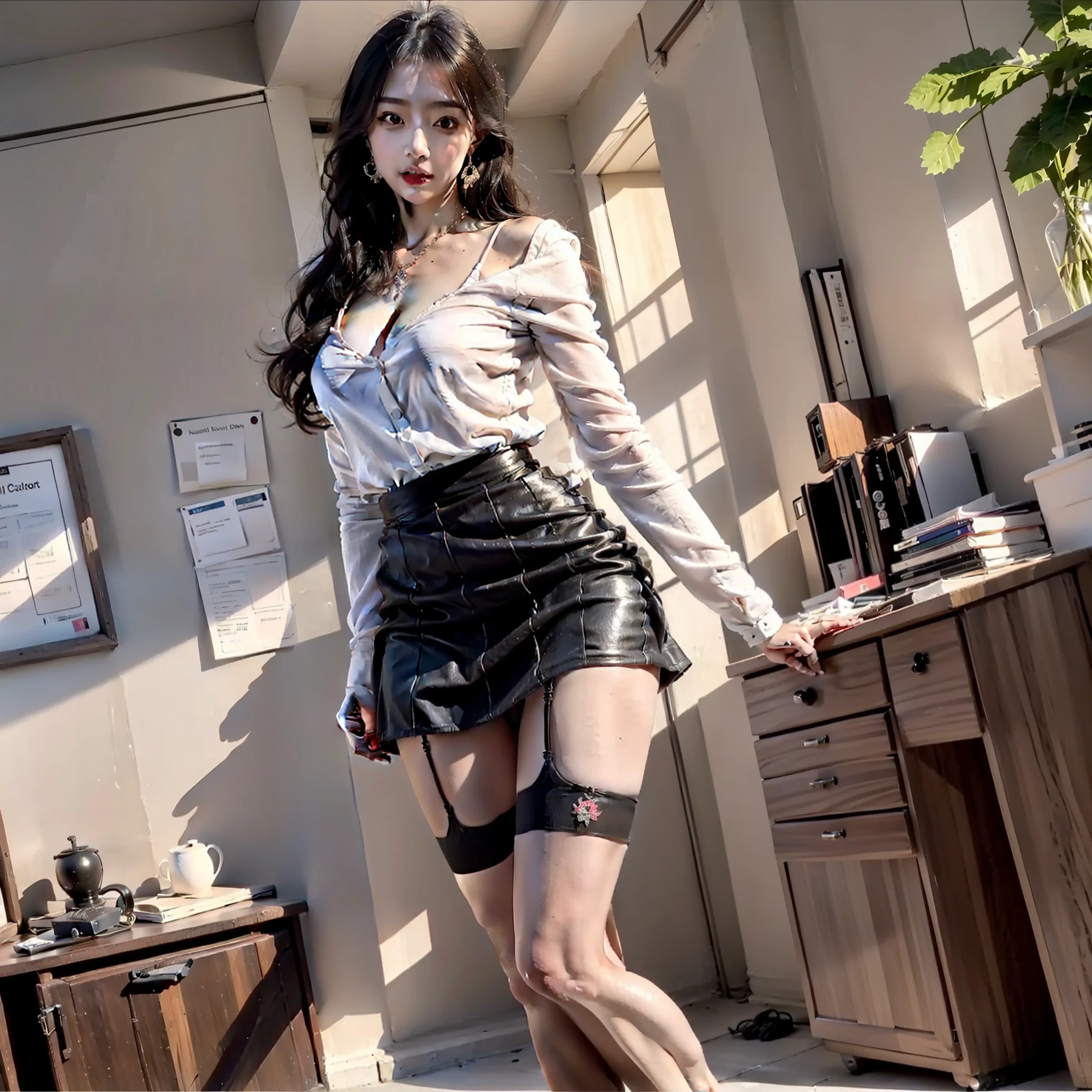 full body photo of a beautiful sexy secretary wearing extremely short skirt and seamed stockings, stands_straight, ((solo)), adult, in the office, high heels, craves , strokes_herself