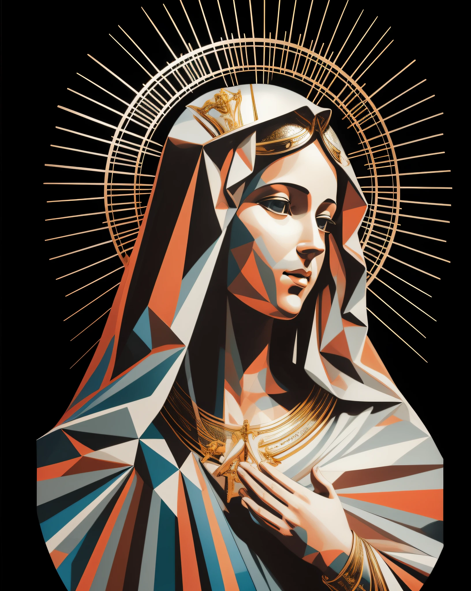 a closeup of a statue of a woman with a halo, Retrato da Virgem Maria, queen of heaven, Arte de Alessandro Pautasso, Obra-prima, Virgem Maria, majestosa mulher de santo, arte vetorial altamente detalhada, Jen Bartel, Retrato detalhado de Madonna, arte vetorial, arte vetorial, catholic religious art, artista desconhecido, 3 d arte vetorial digital --auto