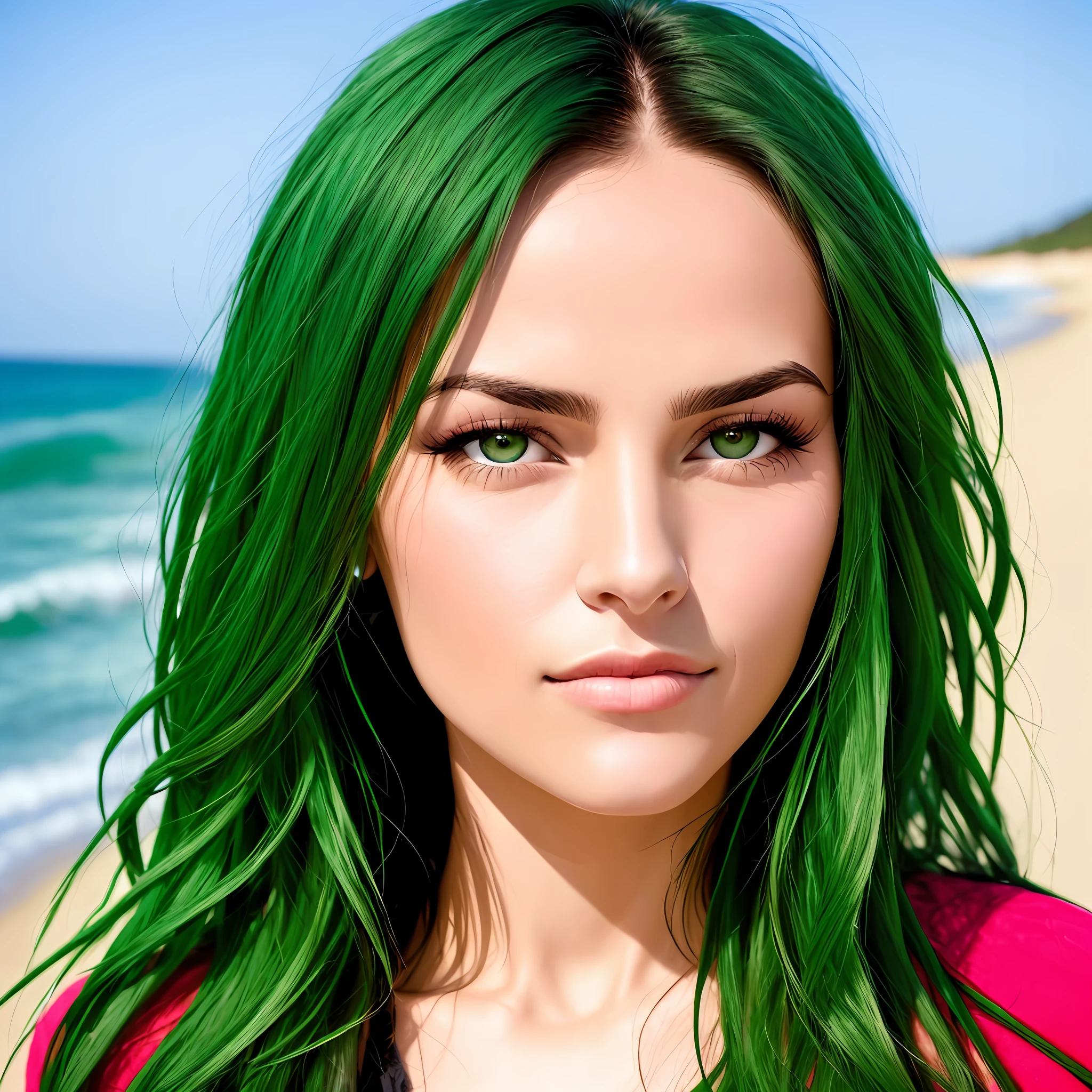 Mulher olhos verdes, cabelo castanho escuro, nua na praia, russa,