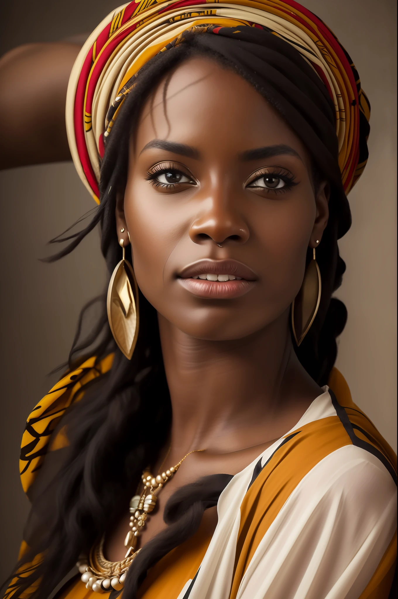 (best quality, masterpiece),portrait of [(1 woman, African woman:1.1|African tribe woman:1.2) looking straight into the camera], focused expression, rich skin texture, (intense gaze:1.2|calm expression), medium shot, neutral background.