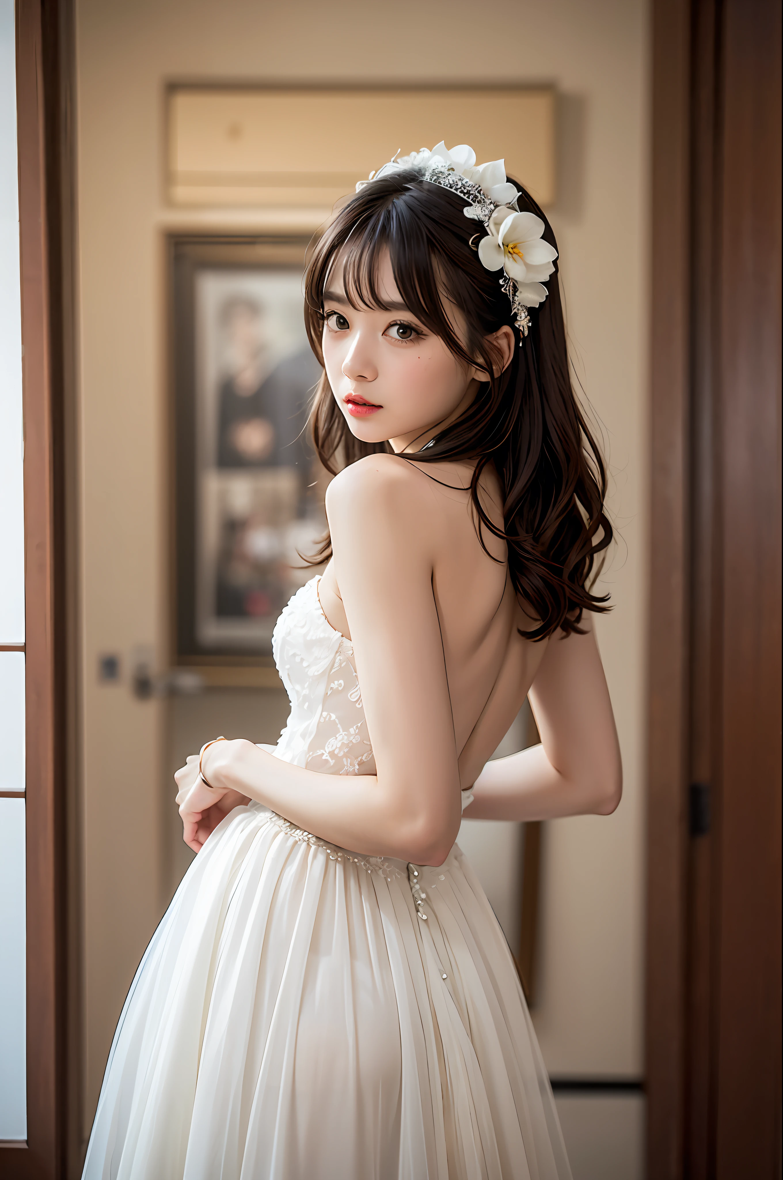 NSFW， 8K Raw photograph， best qualtiy， tmasterpiece， 超高分辨率， filmgrain， cinematic ligh， 1girll， looking at viewert， Natural skin texture， Realistic Eyes and Face Details， full pouty lips， lipsticks， （putting makeup on），Face the lens，， Short fluffy hair，By bangs， messy  hair， ssmile， Keep one's mouth shut， beautifullegs， Tall women， being thin， Slim_leges，， stand posture，Bandeau，White wedding dress，long  skirt，Lace wedding dress，mier，Flowers in hand，The figure stands symmetrically，Full body photo，There is a scarf on the head，light yarn，Look ahead，symetrical composition，， Flowers around， （detailedbackground）， vague background， bblurry， halter， tartan， ，， brown  hair， bangle， Eau， By bangs， ， jewely， parted lip， cparted lips， From the side Side， ， depth of fields