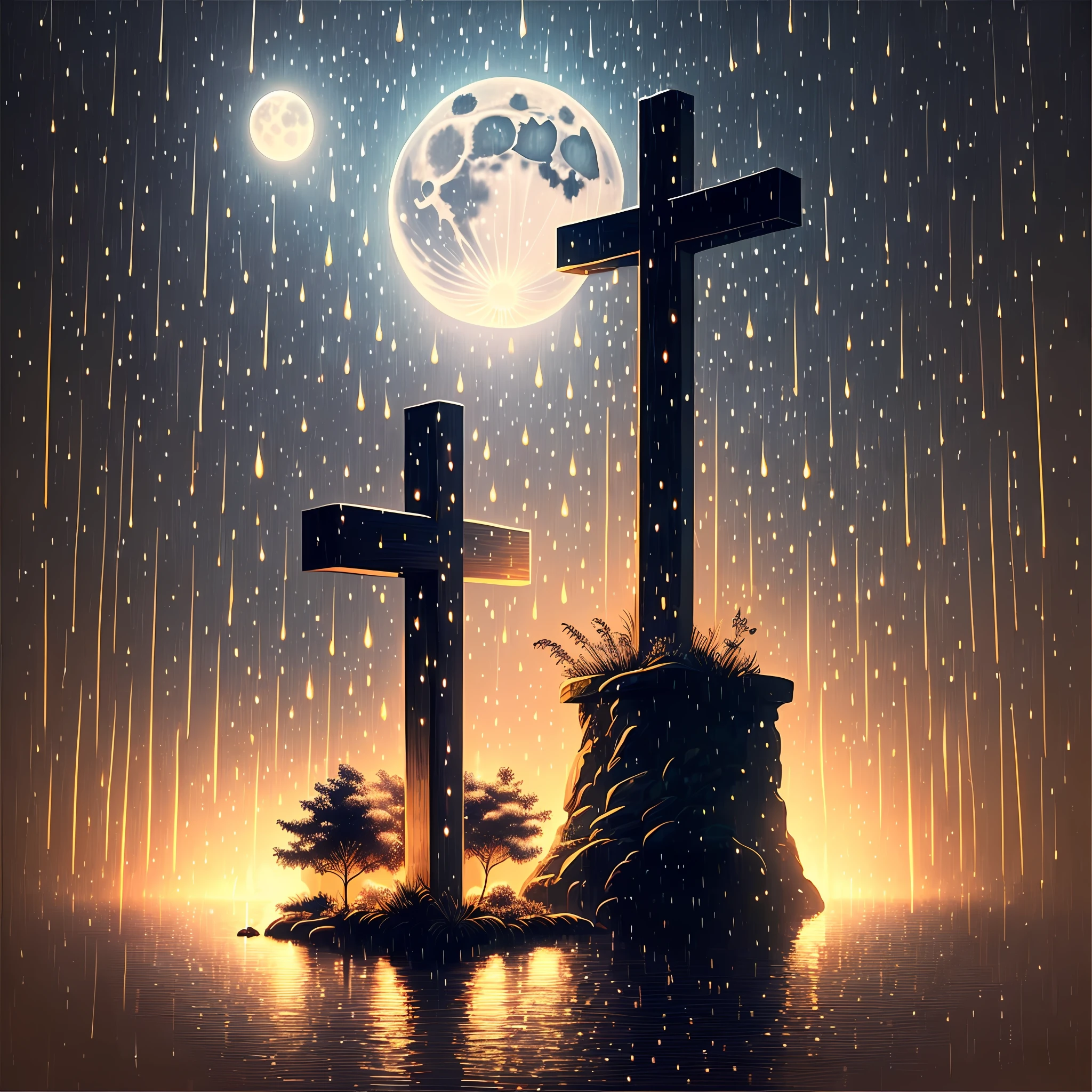 The cross is illuminated by moonlight on a rainy night --auto