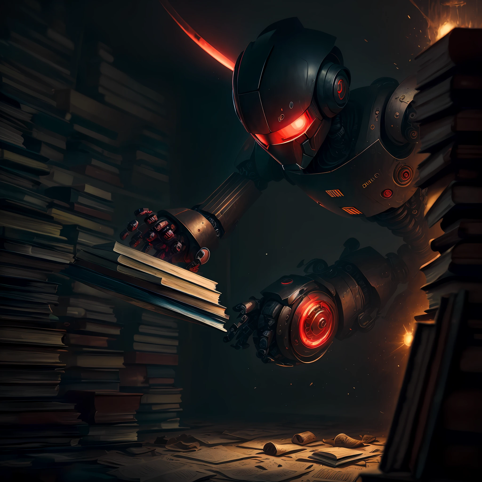 Red robot with black running after an old book --auto