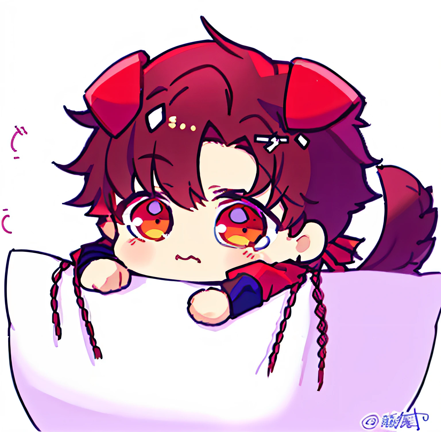 Best Picture Quality，Smooth lines，Ultra-detailed graphics，Anime boy sitting on white pillow，Woven and red shirt, xqcow, tchibi, 🍁 ， High-quality fanart, hagrid in cute anime style, holding a pudica pose, 8K!!, Anime moe art style, author：Master of Han Chinese, sakimichan, resin, Chibi Art, demon slayer rui fanart，Lovely Backgrounds，tan hair，The picture is cooler，Brown ears and tail