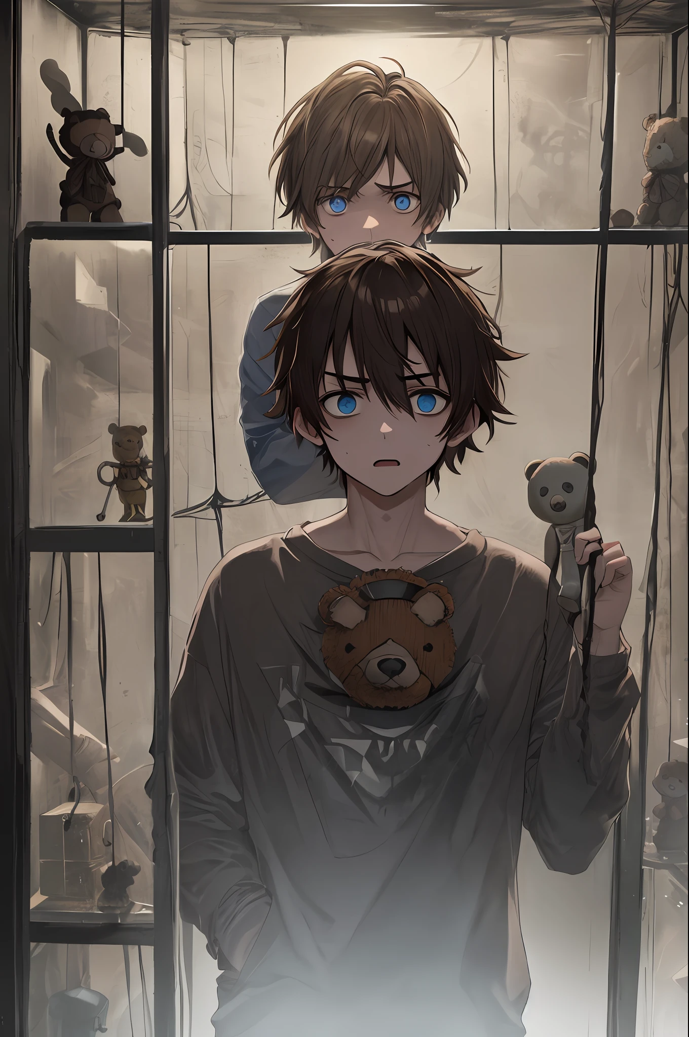 1boys, Brown hair, Blue eyes, (cowboy_Shot:1.2), Face focus, Exposed short hair, side locks, Scared,(terrified:1.1) expression, holding teddy bear, Atmospheric lighting, Moody, Darkness, Clear glass display case full of interesting items, Dusty, Post-apocalypse, spiderwebs, masterful, Beautiful 8k wallpaper, Extremely detailed, Intricate,Being in love