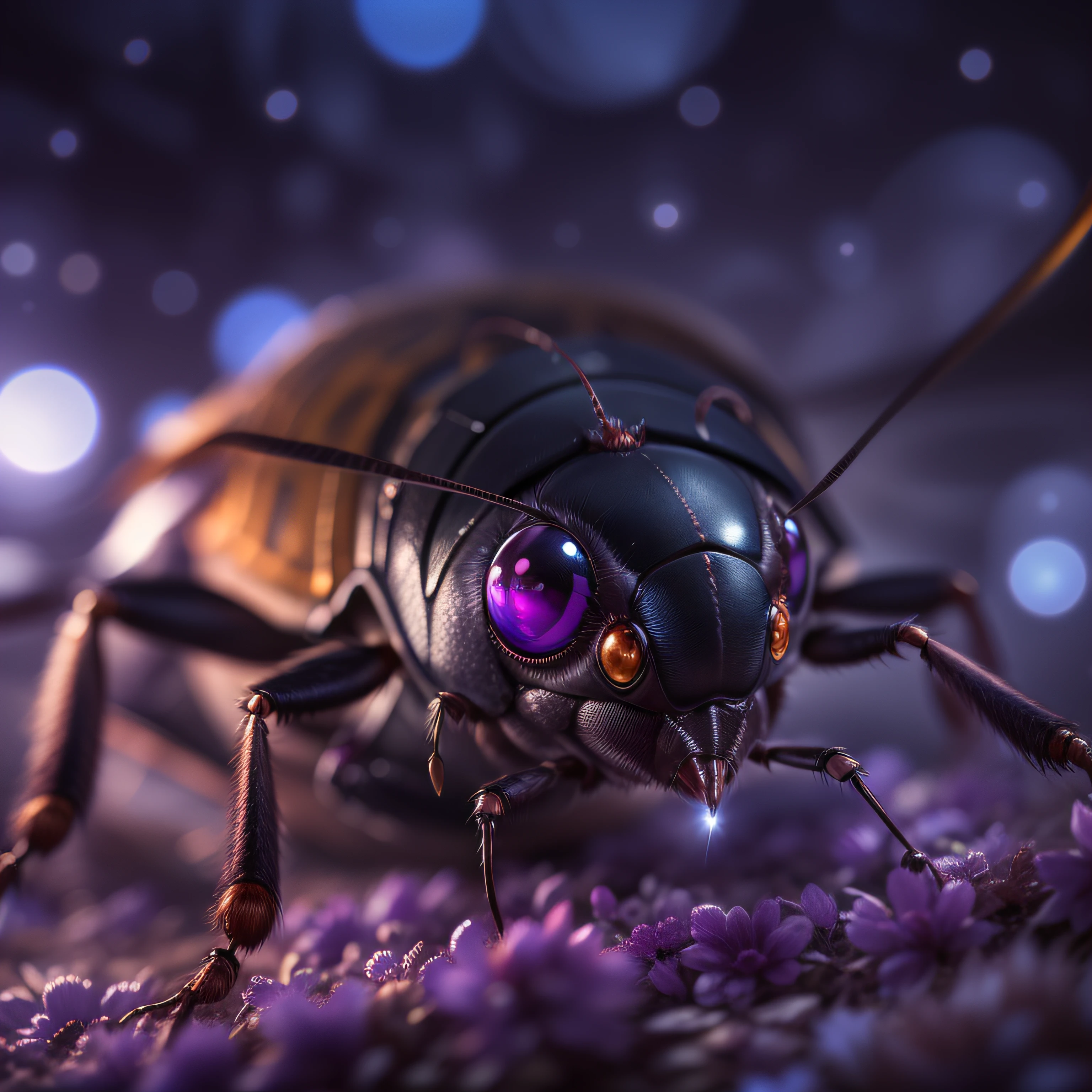 purple eyes, glint, cockroach, lens flare, Canon, Fujifilm, award winning, best quality, highres, 8k