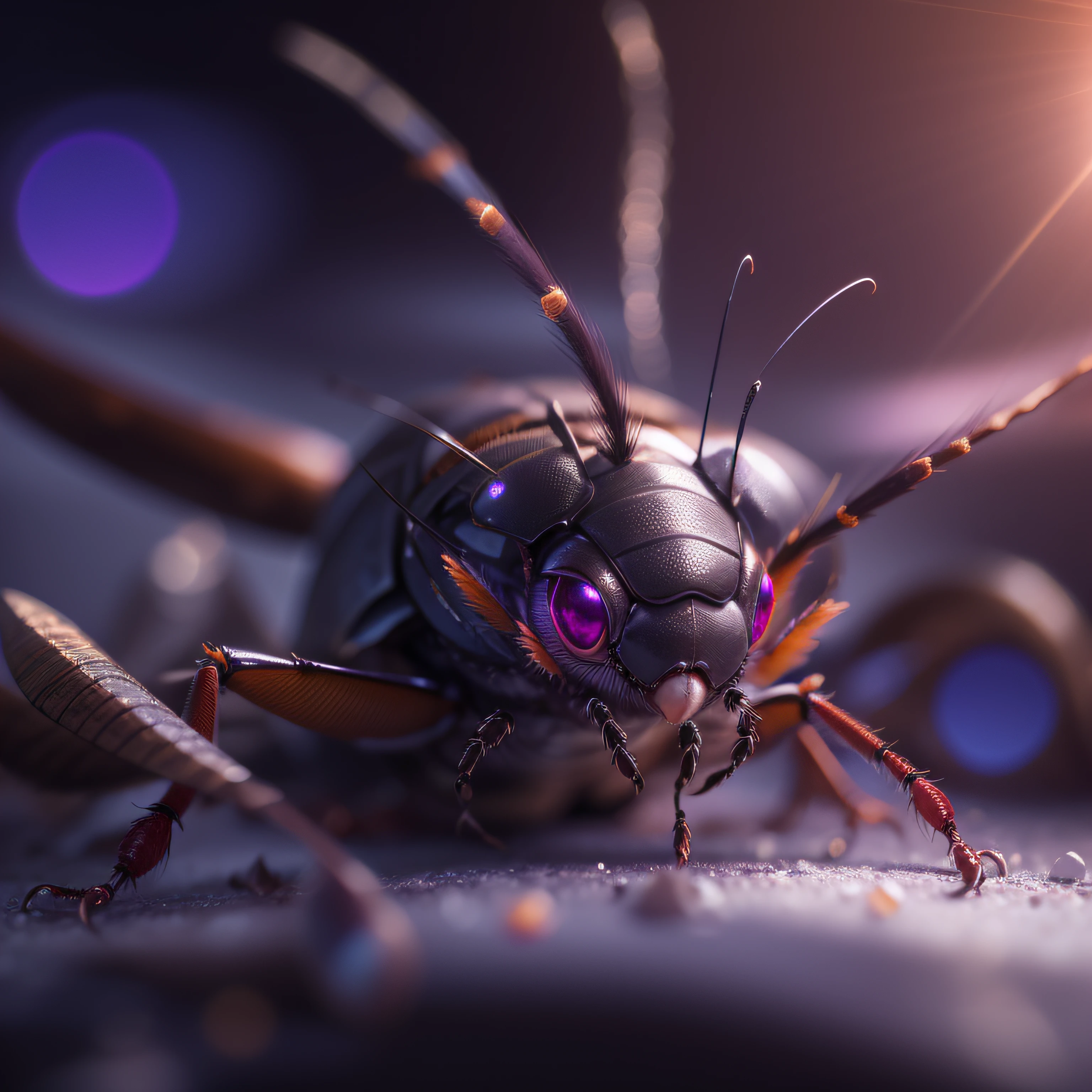purple eyes, glint, cockroach, lens flare, Canon, Fujifilm, award winning, best quality, highres, 8k