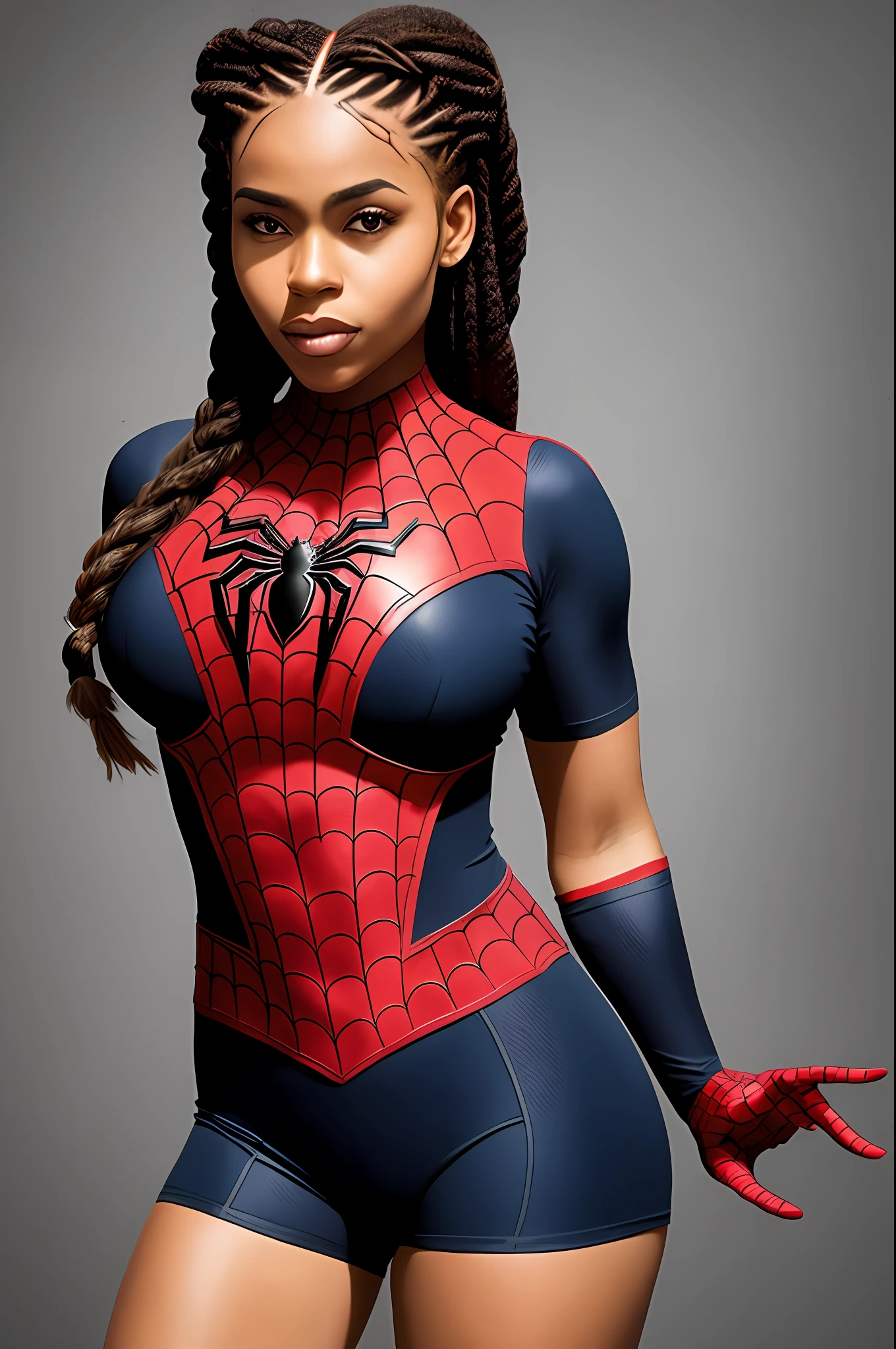 "A beautiful black woman posing in athletic shape with braided hair and large breasts wearing a sexy spider-man outfit, in soft light and on a dark and mysterious background."