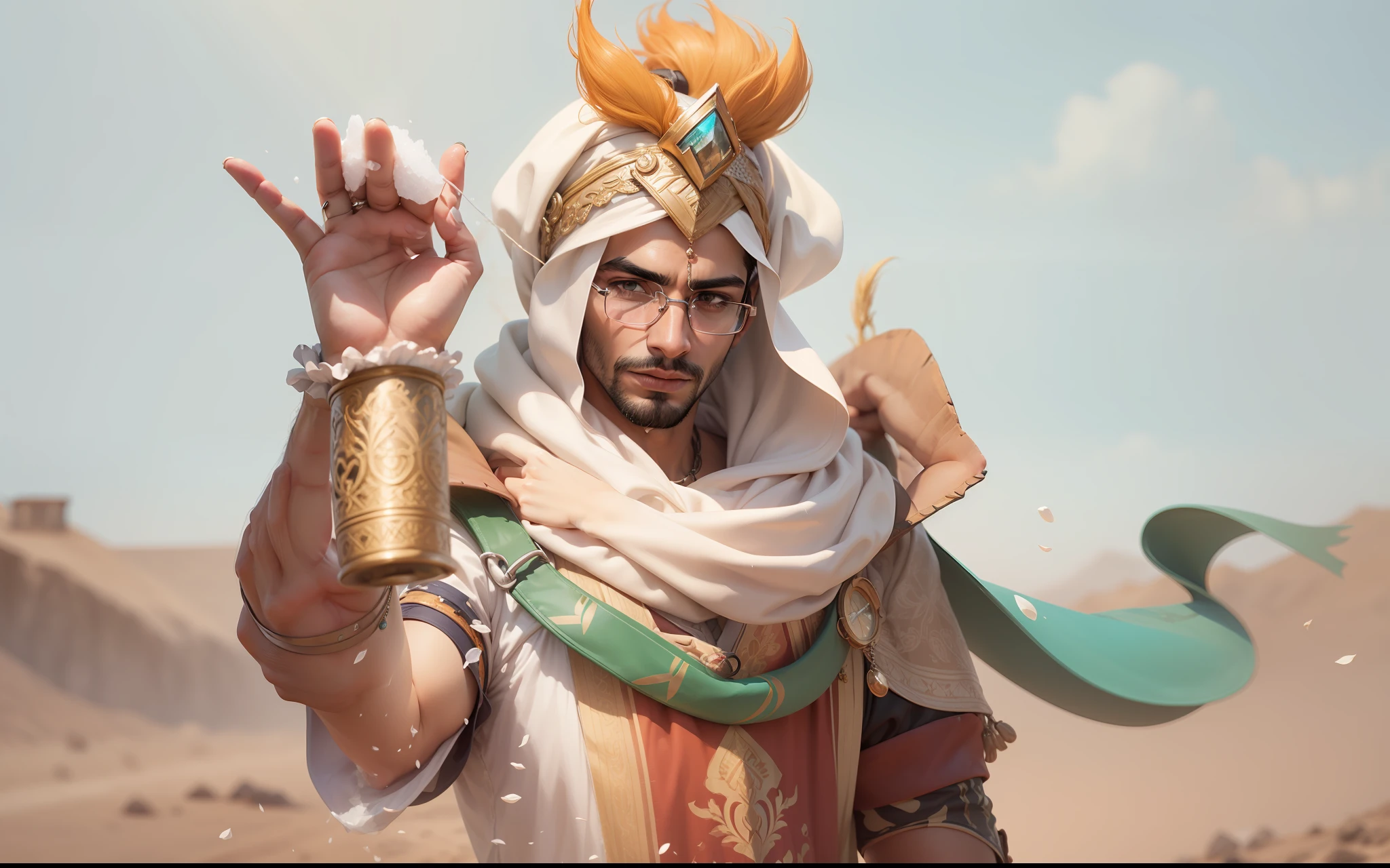 Arabic guy with eyeglass, sowing salt, 4K quality, seper detail, ultra realistic