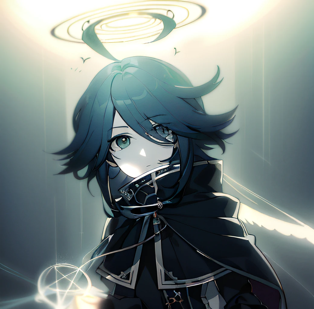 (Androgynous genius god of male death:1.2), cabelo preto, halo de anjo, inspirado em Shigenori Soejima; vibe divina, Angelic background, anime, Beautiful illustration style, uma obra-prima em qualidade de imagem ultra detalhada, 8K分辨率, Top lighting and shadow effect.