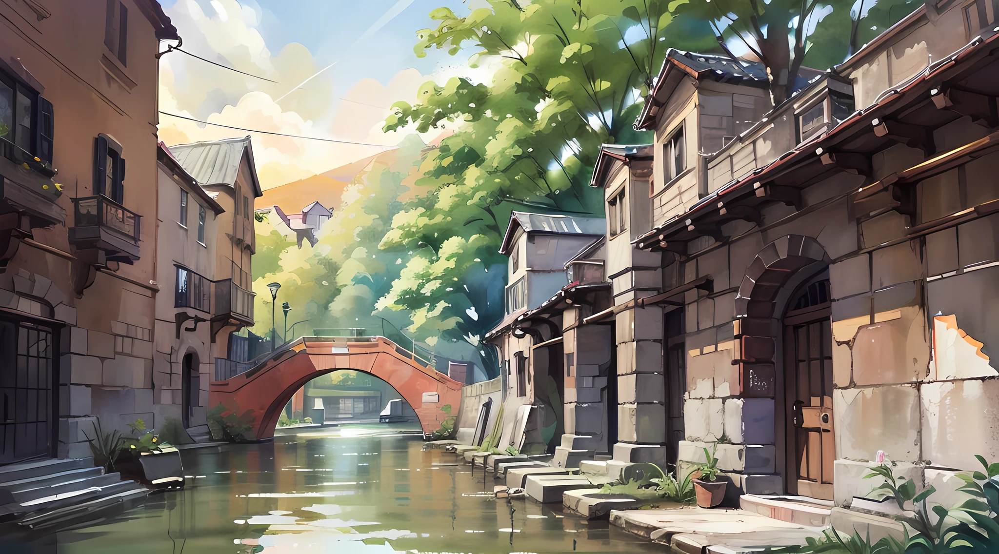 watercolor paiting，Yin，cottage, Bluestone Trail，Red brick building，Stagnant water，water bloom，A street，eventide，Sun beam, Light red sunset, tmasterpiece，16K resolution，super-fine，high high quality，