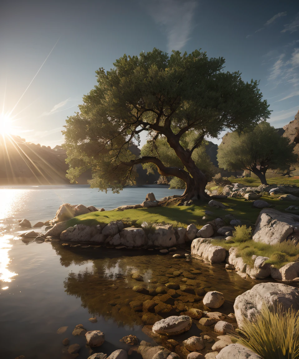 Imagine a gigantic 5,000-year-old holm oak around a river. Cinematic lighting, close-ups, 75mm lens, production quality, depth of field, cinema photography, color grading, exquisite detail, sharp focus, intricate detail, long exposure time, f/2.8, diffuse backlight, award winning photography, hyper-realistic, Unreal Engine, realistic sun lens effect, studio lighting, beautiful lighting, accent lighting, global illumination, ray-traced global illumination for lighting and reflections, lumen reflections and spatial reflections on the screen, smoothing and different types of shading. All this with a 4K resolution and a 9:16 aspect ratio.