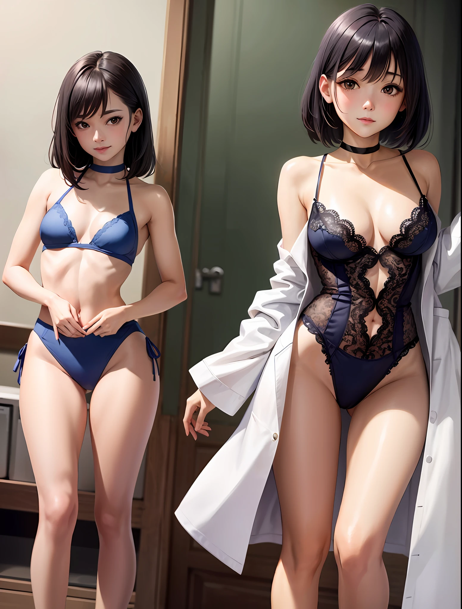 tmasterpiece， Hot lens， （（best qualtiy））， absurderes， Perfect anatomy， takemi tae， （Small smile）， choker necklace， choker necklace， choker necklace， （：1.3）， well-defined abdomen， labcoat， standing on your feet， Doctor's office background， sexyposture，blue panties，1girll:1.9，plumw，Purple lace bodice