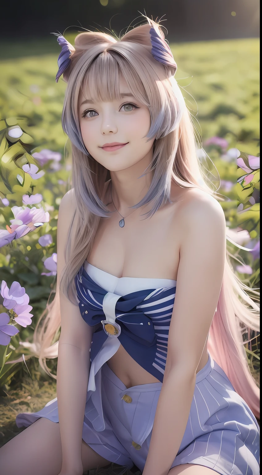 ultra high res, (photorealistic:1.4), raw photo,16K, (solo,1girl,li:1.2), Flower field, flower, butterfly, kokomidef, kokomirnd,closed mouth,light smile,cinematic lighting,