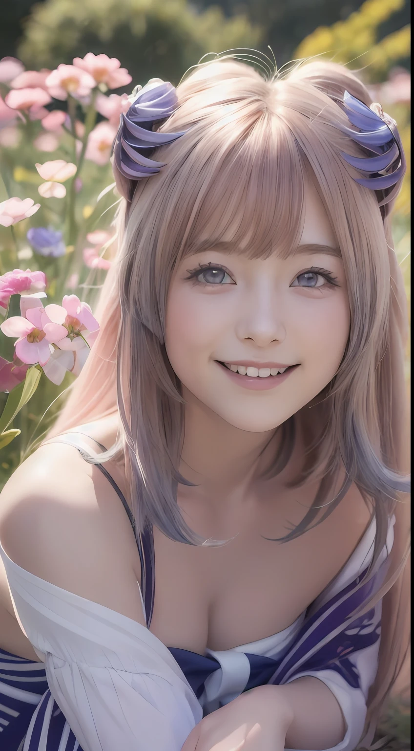 ultra high res, (photorealistic:1.4), raw photo,16K, (solo,1girl,****:1.2), Flower field, flower, butterfly, kokomidef, kokomirnd,closed mouth,light smile,cinematic lighting,