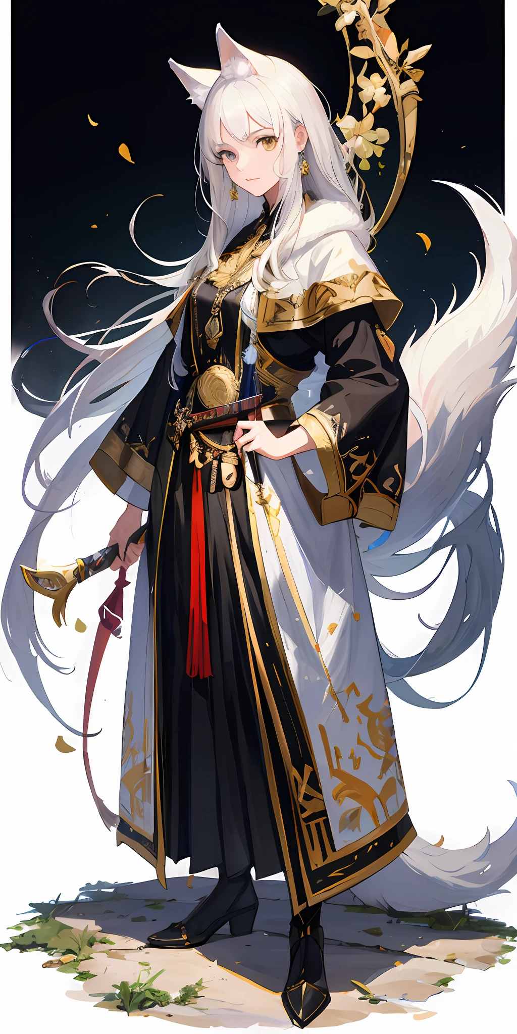 He has a pack of white wolves by his side， (((tmasterpiece))), (((Best quality))), The painting style is realistic and exquisite, The white-haired girl held a long knife in her hand, Highlight its heroic gesture against a white background, There are wolf ears and wolf tails, The image is good.