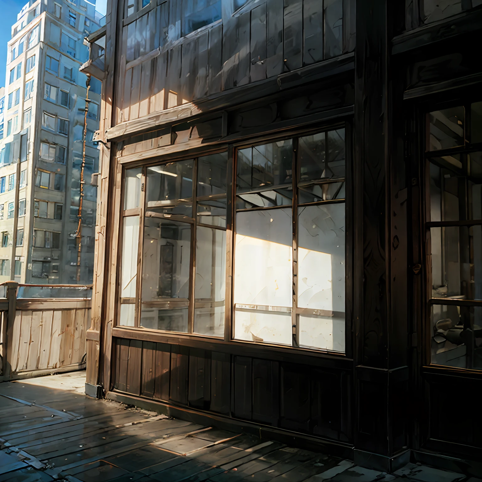 buliding,Small double-storey buildings between tall buildings,Flat viewing angle --auto