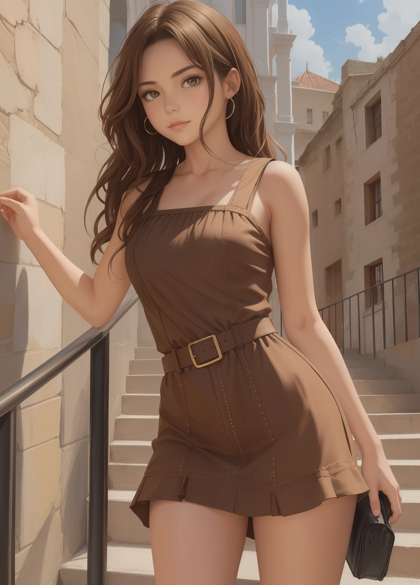 1chica, hermoso rostro, subiendo escaleras, cuerpo delgado, trasero redondeado, brown-hair --auto --s2