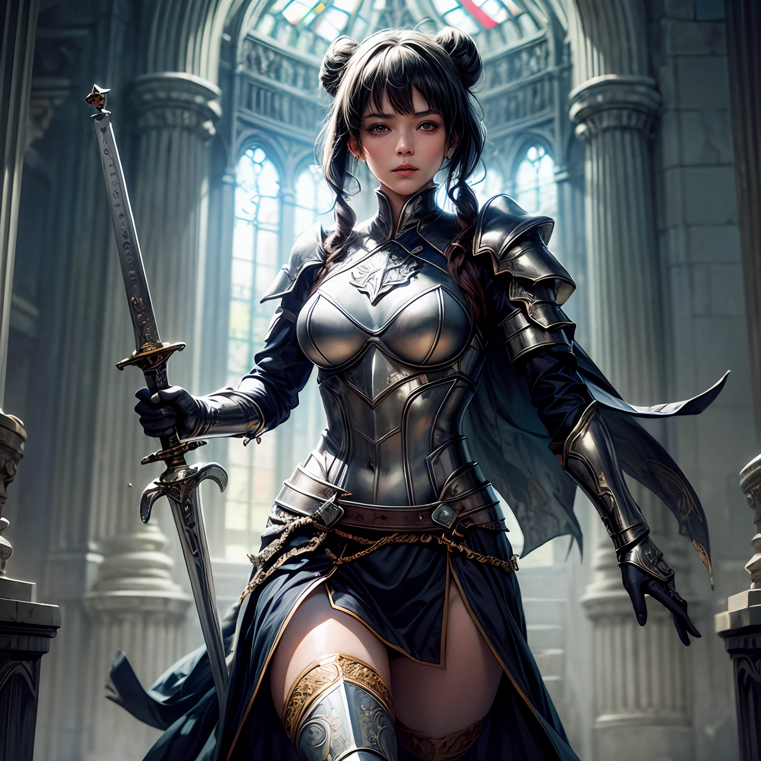 ((Best quality)), ((masterpiece)), ((highly intricate details)),full height, visible butt in liggins, beautiful, high quality, highres, absurdres, light difussion, intricate details, complex details, (perfect face:1.3), extreme detailed eyes, colorful, highest detailed, vibrant colors, high contrast, (8K UHD:1.2), (photorealistic:1.2),(masterpiece:1.4), (best quality:1.4), realistic, 1girl medium breasts, wavy hair, from bottom view, smile, priest, knight, ancestor, church background, armor, light armor, fiery aura, epic pose, dramatic lighting, cinematic, establishing shot, extremely high detail, photo realistic, cinematic lighting, pen and ink, intricate line drawings, by Yoshitaka Amano, Ruan Jia, Kentaro Miura, Artgerm, post processed, concept art, artstation, matte painting, style by eddie mendoza, raphael lac, short hair, holding sword, upper body, hyper detailed, ((1girl)),((upper body)), intricate, short silver hairstyle with pigtails and buns, holy power, light difussion, holy grail, light theme, ((dynamic pose)), the whole sword is visible, ((1sword)), 1 sword
