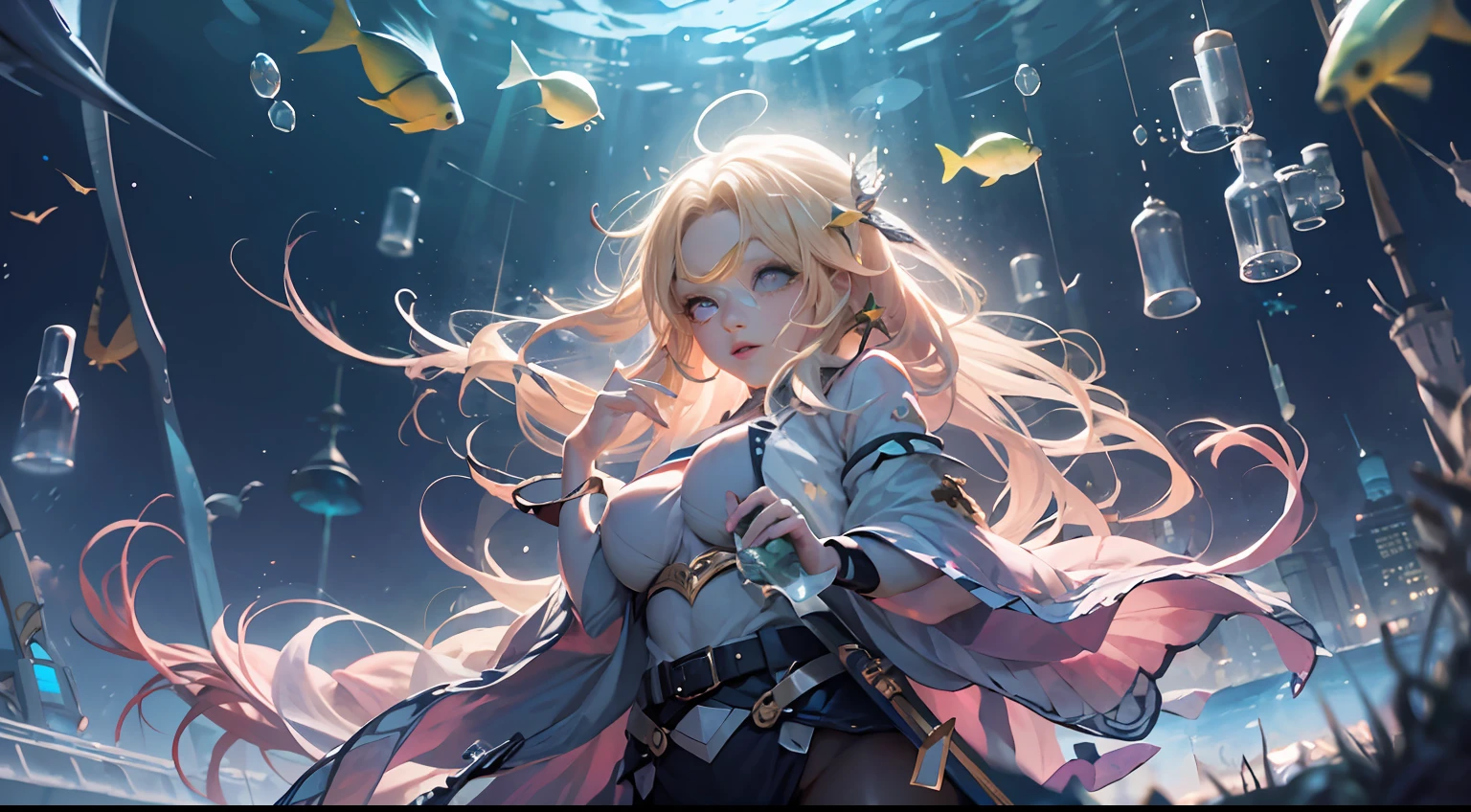 1 girl,full body, Star earrings, fish flocks, airbubble, algae, dream magical, abyssal, blonde hair, drill hair, Romanticism, cinematic lighting, perspective, Ultra-Wide Angle, panorama, UHD, masterpiece, super detail, high details, high quality, best quality, highres, 8k