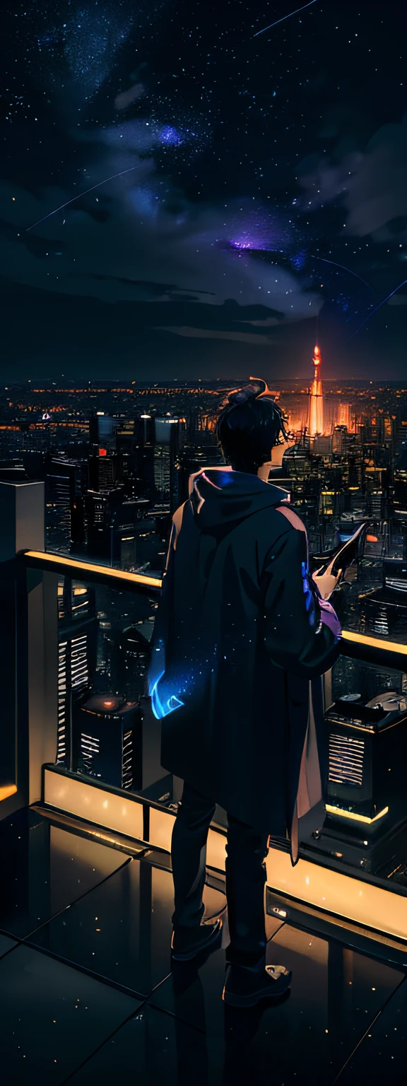 Expansive landscape photograph, (view from far away with a view of the sky and neon buildings below), a guy standing looking up the sky, 25 year old guy, short hair, black hair, glasses, loose hooded attire, dark brown skin, (full moon: 1.2), (shooting star: 0.9), (nebula: 1.3), distant buildings, tree break production art, (warm light source: 1.2), (firefly: 1.2, purple and orange, intricate detail, volume lighting, realism break (masterpiece: 1.2) (Best Quality), 4K, Ultra-Detailed, (Dynamic Configuration: 1.4), Highly Detailed and Colorful Details, (Iridescent Colors: 1.2), (Glowing Lighting, Atmospheric Lighting), Dreamy, Magical, (Solo: 1.2), tokyo