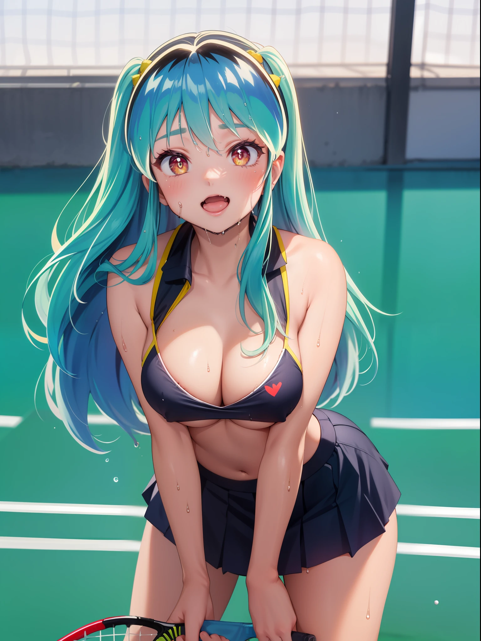 lum invader, detailed, anime, (tennis player: 1.2), masterpiece, best quality, open mouth, fang, ultra-detailed, yellow eyes, Pretty eyes, Detailed face, Pretty girl, Big chest, Blushing, (Wet: 1.2), breasts, areola slip, (Ass Backboob Bent Over, Doggystyle Position: 1.5), (nipple: 1.2),(heart shaped pupils: 1.5)