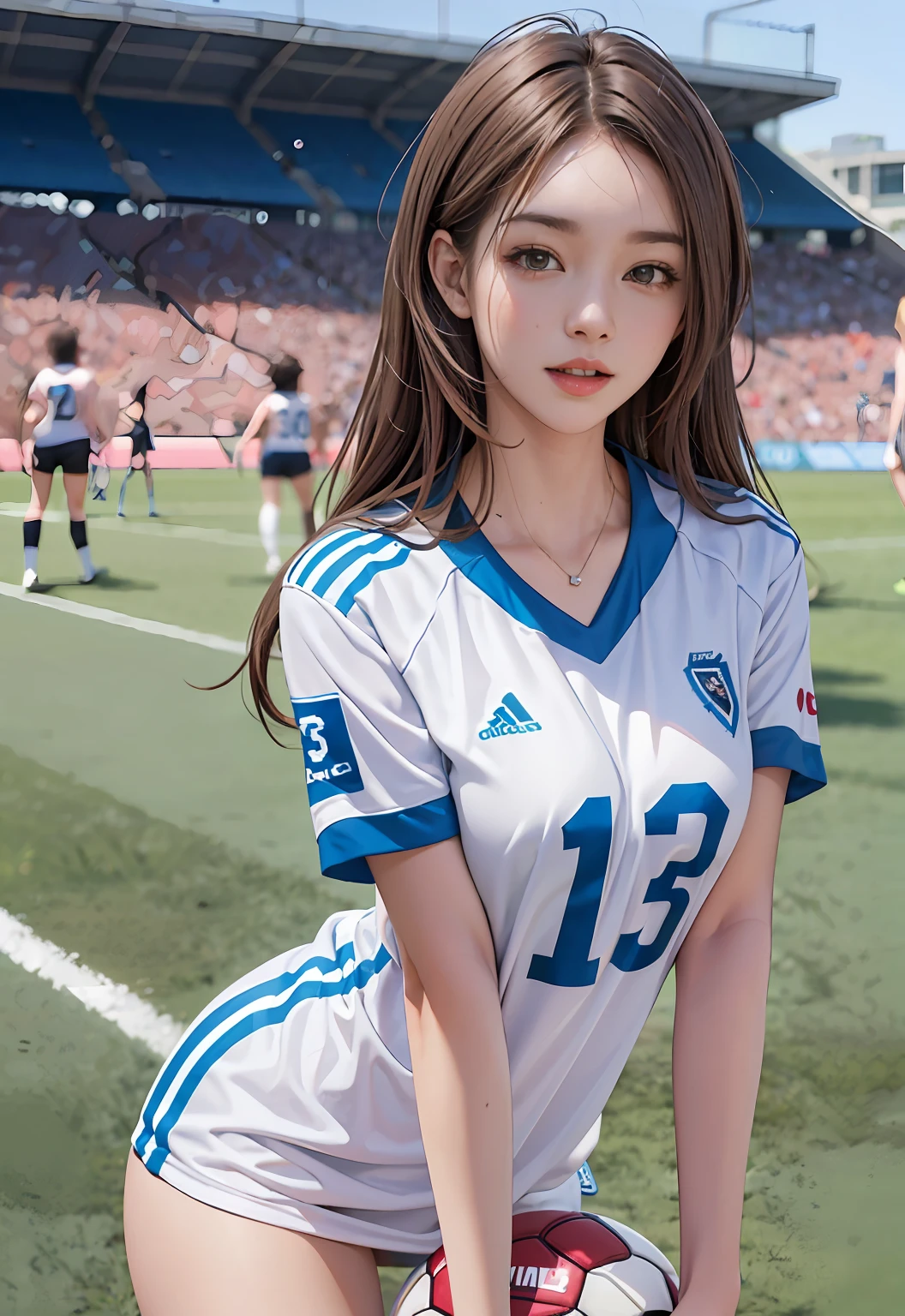 Brown hair，Sexy girl playing soccer on soccer field，sport， adolable，Wear a white soccer jersey，Bigchest，（8K， RAW photos， best qualtiy， tmasterpiece：1.2）， （realisticlying， photograph realistic：1.4）， illustratio， A high resolution，hexagons，（1girll），（），Play football on the football field，PureErosFace_V1：0.3