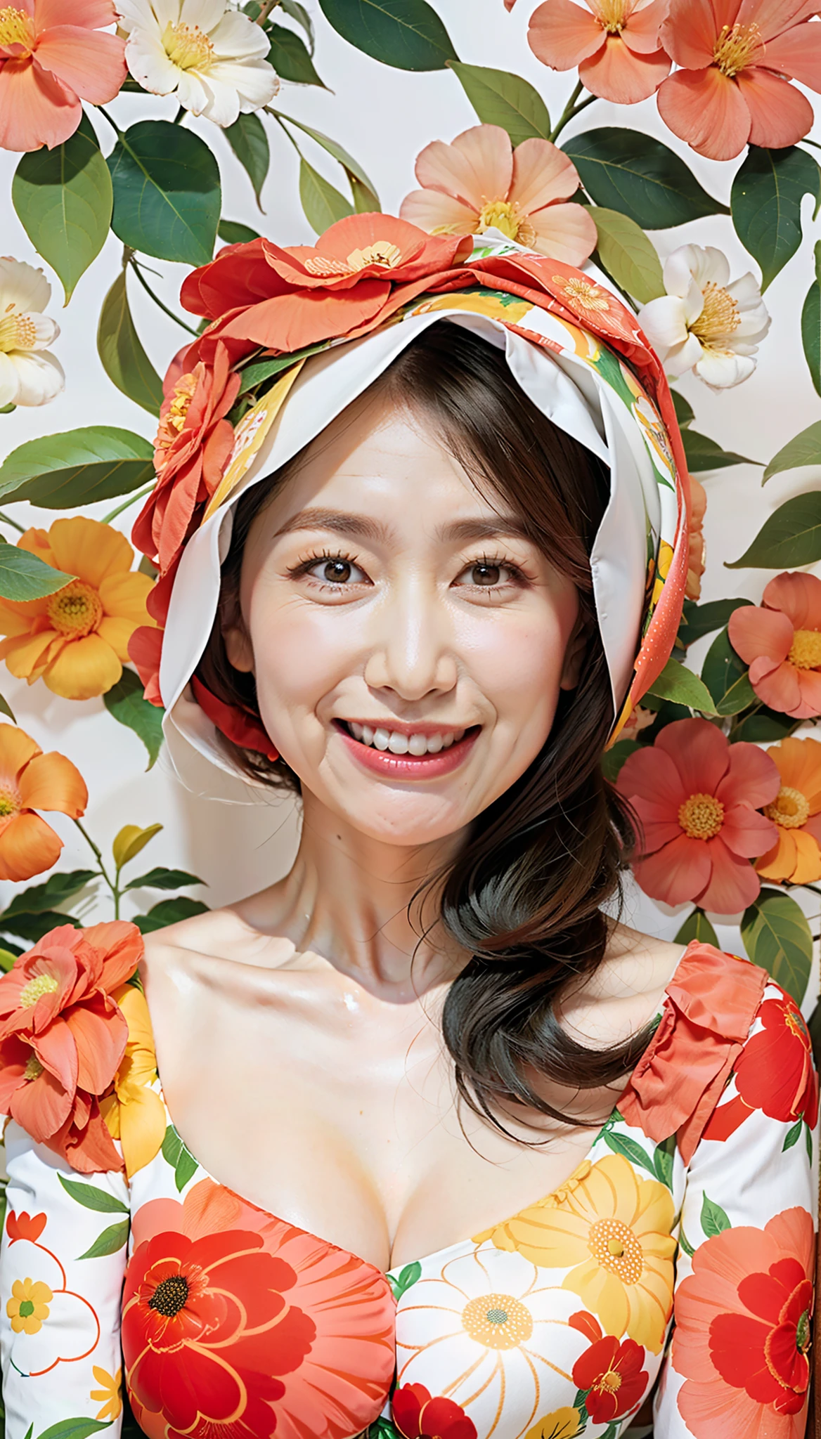 (flat-colors:0.9),(colourfull:1.1),(​masterpiece:1,2), top-quality, ​masterpiece, hight resolution, Original, (flat-colors:0.9),(colourfull:1.1),(​masterpiece:1,2), top-quality, ​masterpiece, hight resolution, Original, highly detailed wallpaper, Viewer's Perspective,Solo,portlate, ((A MILF))、58 years old、Mature Woman Body Set、Exposing breasts、showing teeth、Detailed tongue、Detailed mouth、Staring at this、Wrinkles at the corners of the eyes、Floral background、