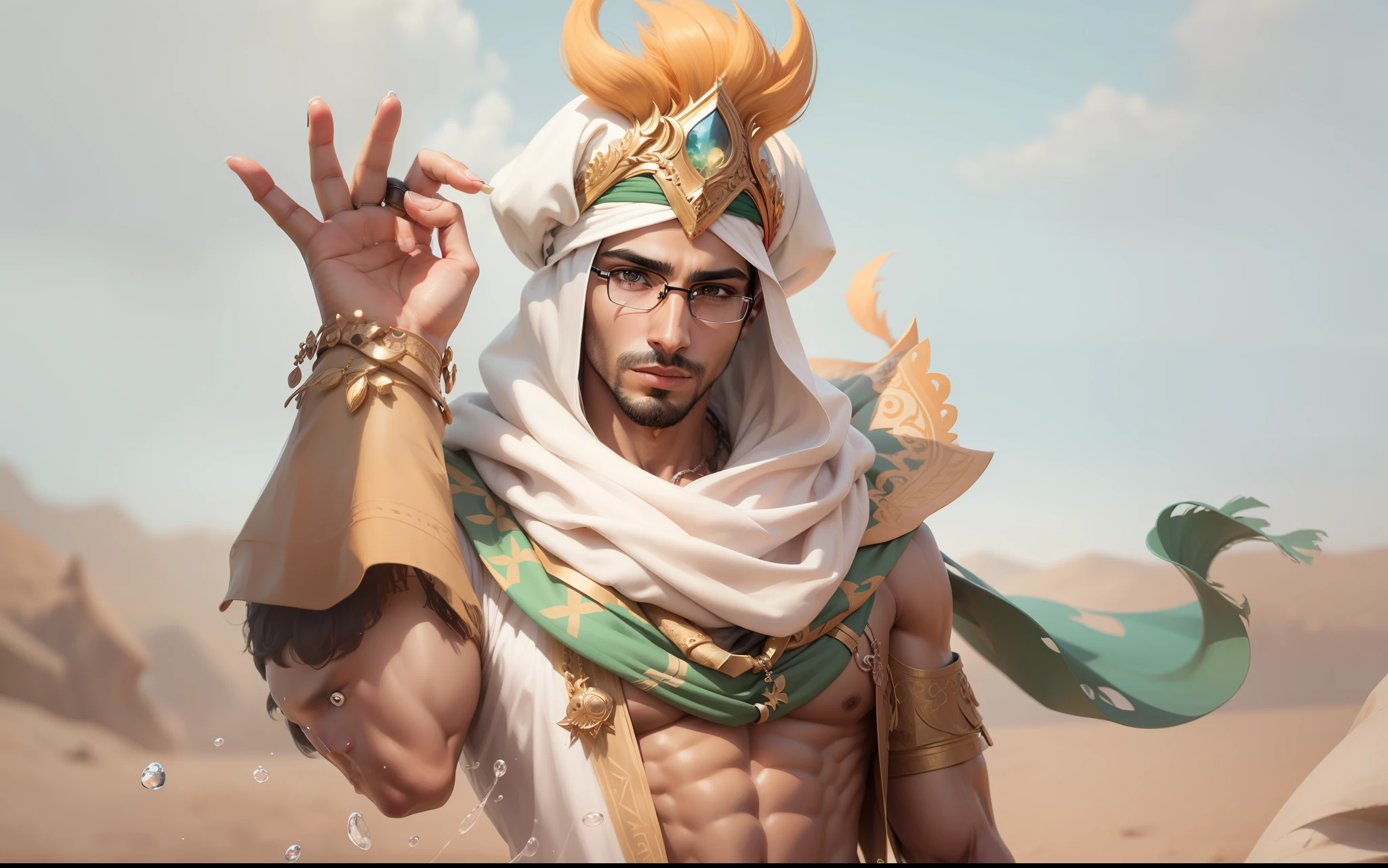 Arabic guy with black eyeglass, sixpack body, 4K quality, seper detail, ultra realistic