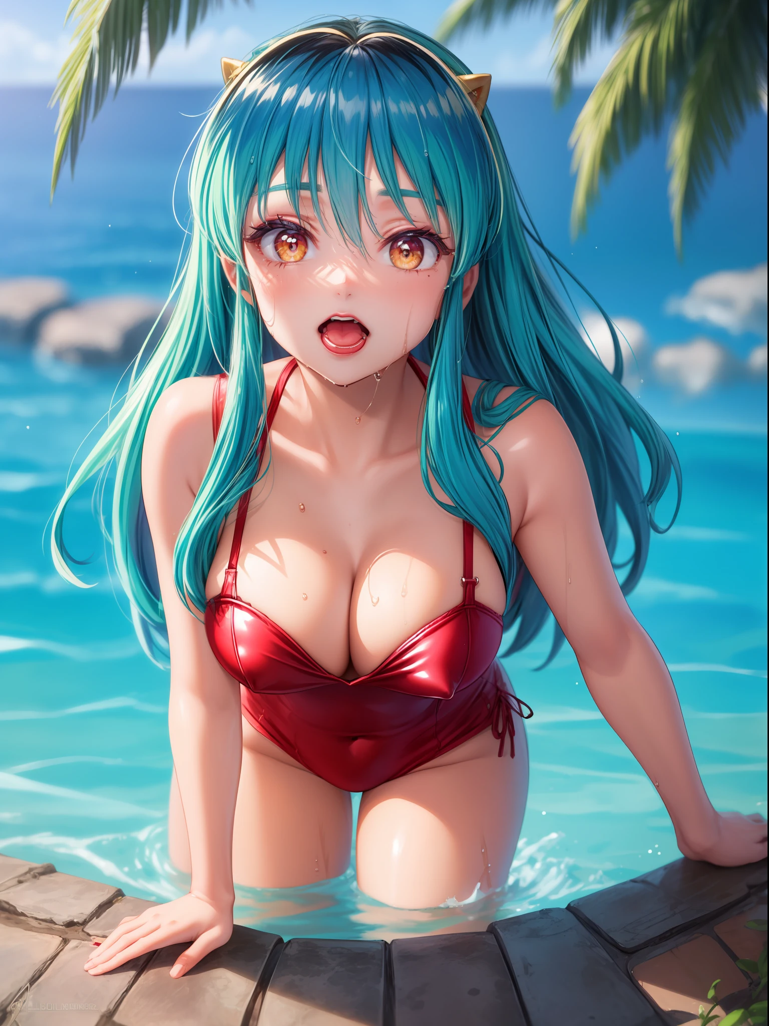 lum invader, detailed, anime, (bunny: 1.2), (Red lipstick: 1.5) masterpiece, best quality, open mouth, fang, ultra-detailed, yellow eyes, Pretty eyes, Detailed face, Pretty girl, Big chest, Blushing, (Wet: 1.2), breasts, areola slip, (missionary position:1.5), (nipple: 1.2), (heart shaped pupils: 1.5)
