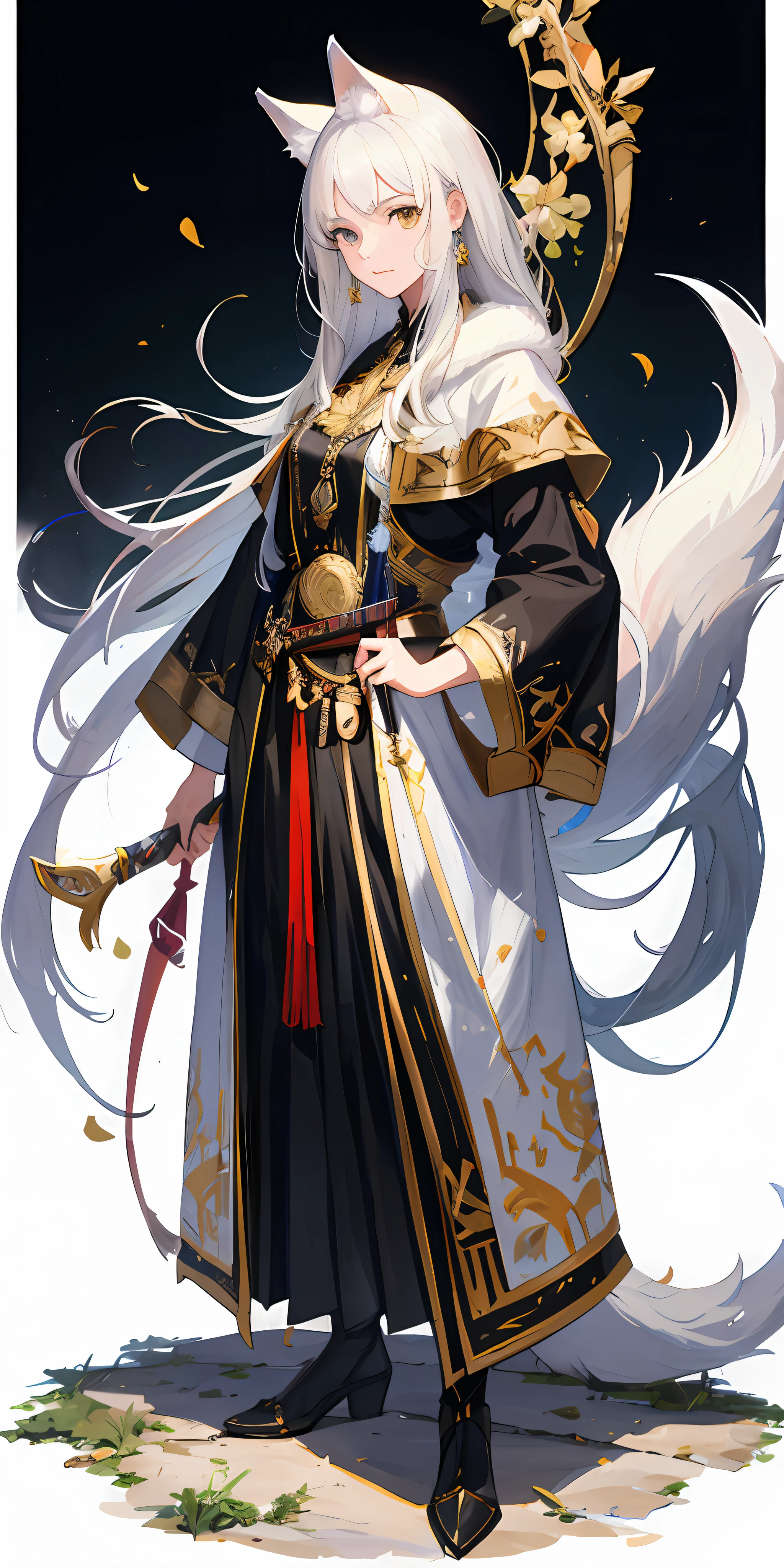 He has a pack of white wolves by his side, (((tmasterpiece))), (((Best quality))), The painting style is realistic and exquisite, The white-haired girl held a long knife in her hand, Highlight its heroic gesture against a white background, There are wolf ears and wolf tails, The image is good.