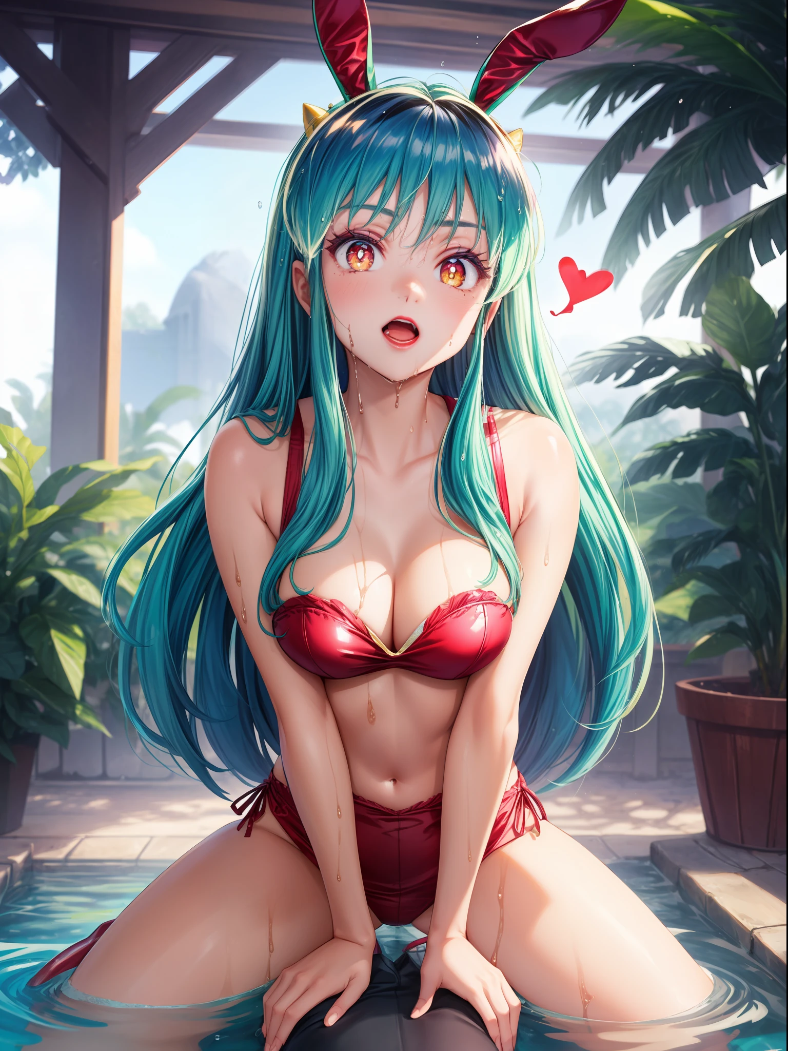 lum invader, detailed, anime, (bunny: 1.2), (Red lipstick: 1.5) masterpiece, best quality, open mouth, fang, ultra-detailed, yellow eyes, Pretty eyes, Detailed face, Pretty girl, Big chest, Blushing, (Wet: 1.2), breasts, areola slip, (missionary position:1.5), (nipple: 1.2), (heart shaped pupils: 1.5)