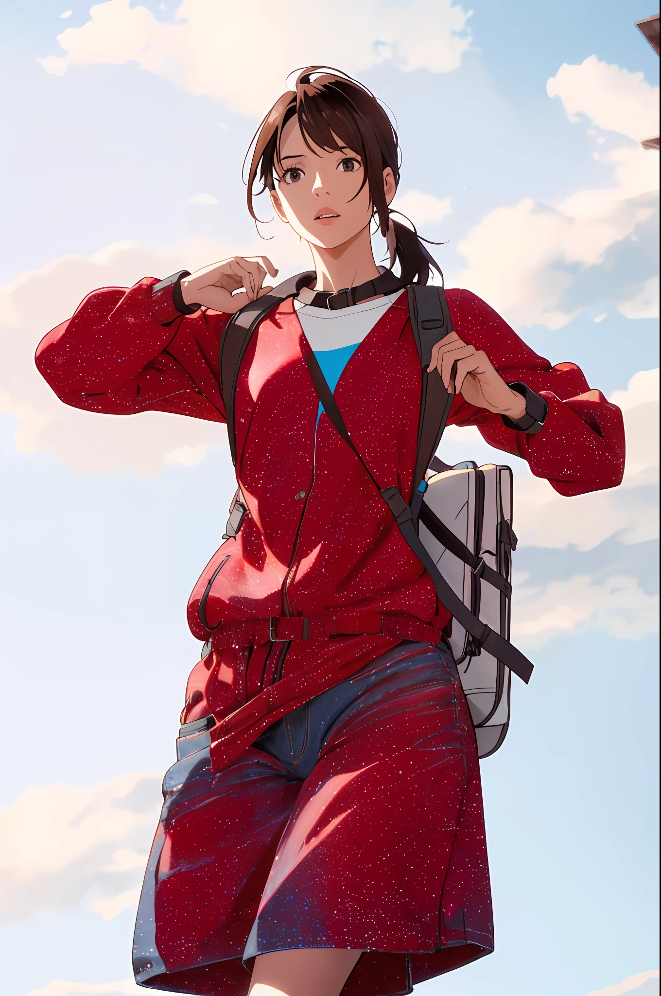 (beautiful and magnificent skyline, majestic sky), (extremely tense and dramatic pictures, moving visual effects), (high hanging Polaris, colorful natural light), (1girl), (long-sleeved top, denim shorts, carrying a backpack), (dynamic pose:1.3, black eyes, black hime-cut hair, sparkling girl)[:0.8], (large grassland), (oncoming breeze), (brown hair and background Coordination effect: 1.2), (close shot, long shot mix and match)[::0.9]