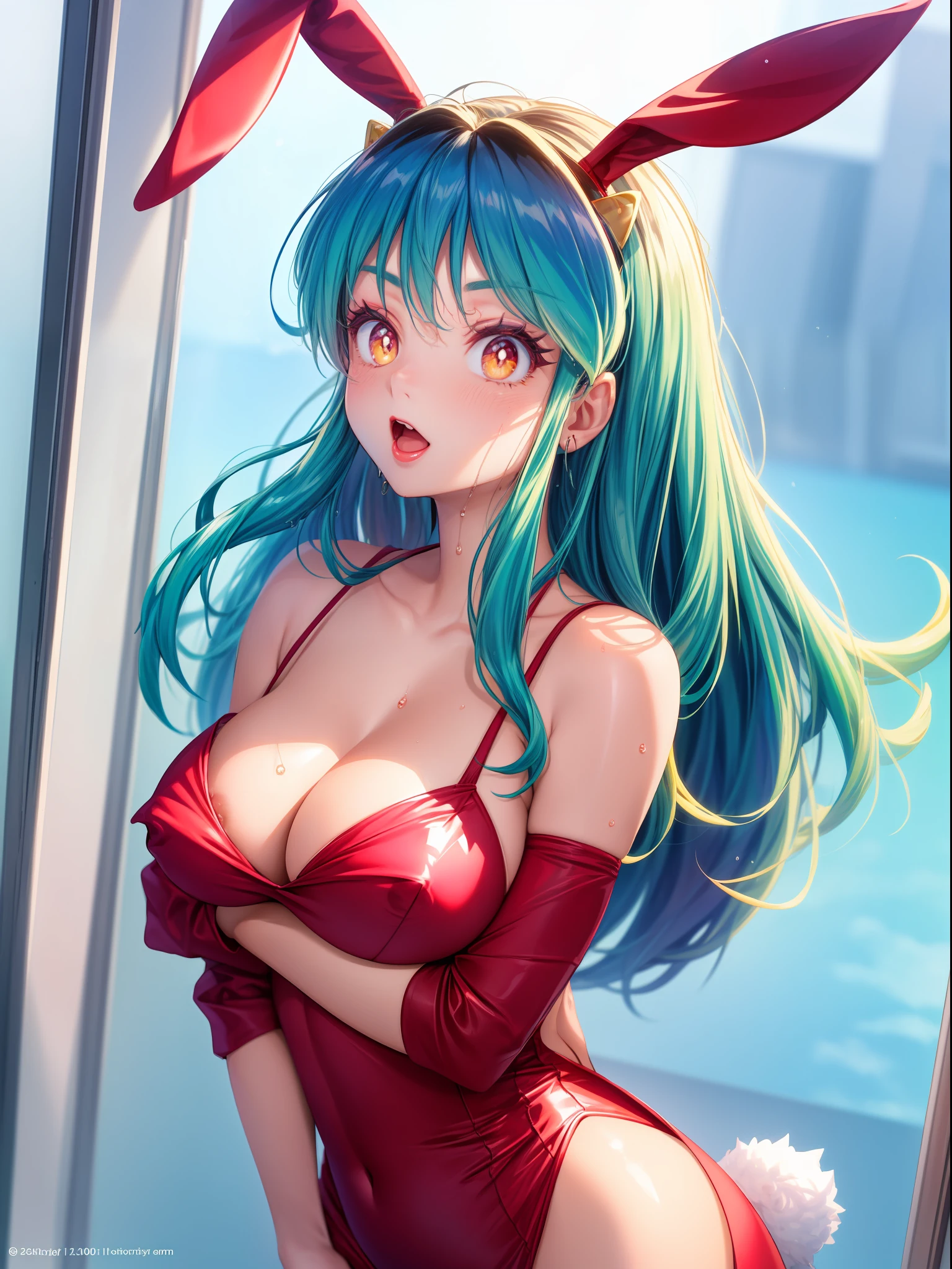 lum invader, detailed, anime, (bunny: 1.5), (Red lipstick: 1.5) masterpiece, best quality, open mouth, fang, ultra-detailed, yellow eyes, Pretty eyes, Detailed face, Pretty girl, Big chest, Blushing, (Wet: 1.2), breasts, areola slip, (POV from behind: 1.5), (nipple: 1.2), (heart shaped pupils: 1.5)