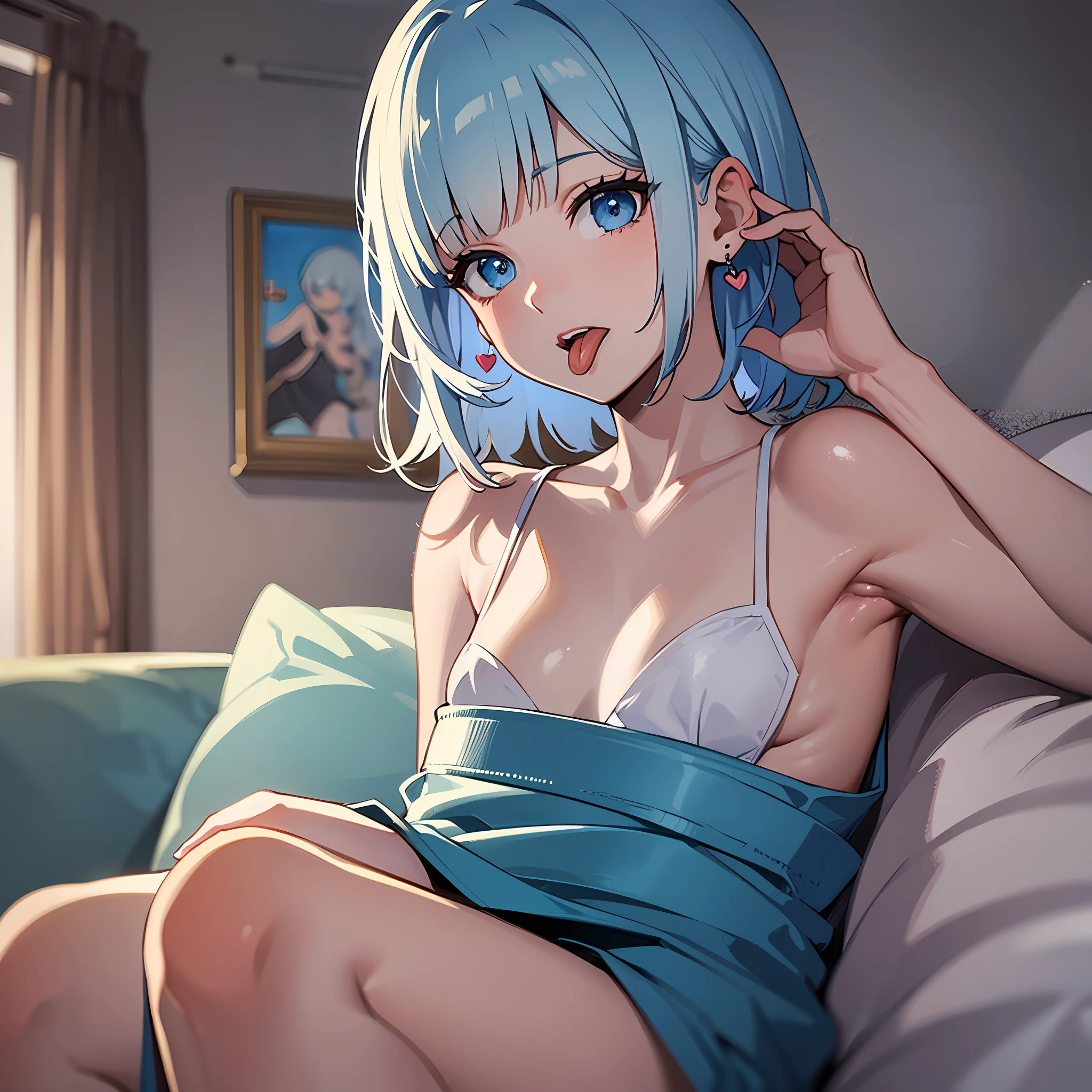 (masterpiece:1.3), (best quality:1.3), high resolution, 


from behind, upper body, 
lying, sitting on the sofa, 

(one cute girl:1.3), solo, 
white skin, small Breast, eight-headed person, 
light blue hair, (bobbed hair:1.2), short hair, (blunt bangs:1.2), beautiful hair, blue eyes, beautiful detailed eyes, 

(tongue out:1.3), heart, 

sleeveless dress, relaxed clothes, earrings, 

indoors, white room, bed, 

shadowlighting,