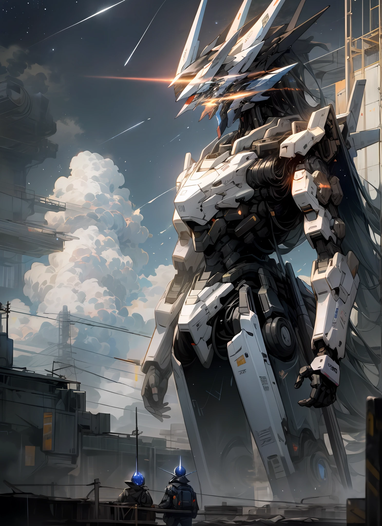 Starry night sky, clouds charged in the sky, A tall berge color robot holding a shiny weapon, olhos resplandecentes de luz, a modern building and high technology in the background, a dystopian and futuristic science fiction setting. (realista, mecha, cidade, pt)