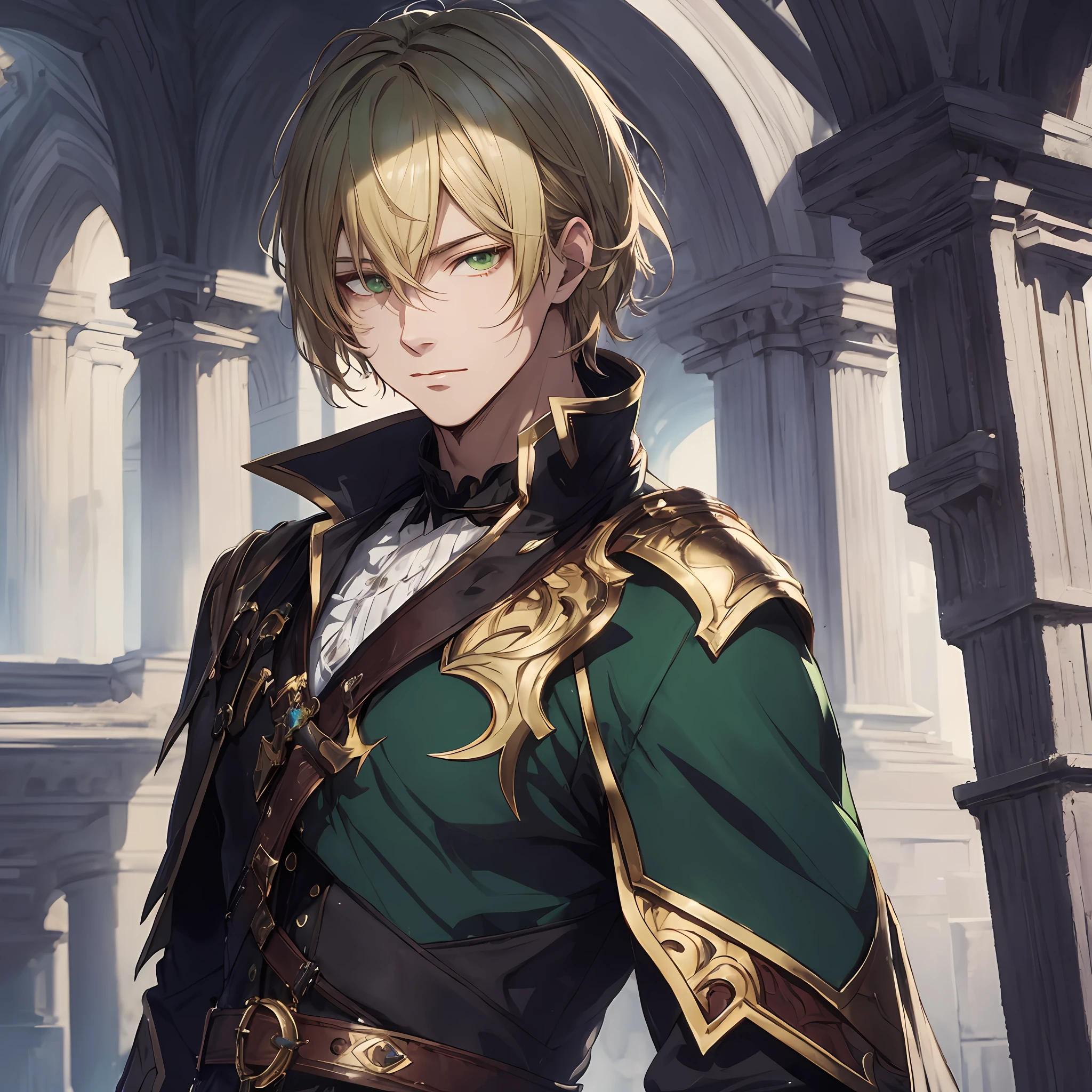 masterpiece, best quality, 1man, adult, male focus, solo, blonde hair, medium hair, vibrant green eyes, looking at viewer, closed mouth, Fantasy aesthetics, Highly detailed, shadowverse style, black attire