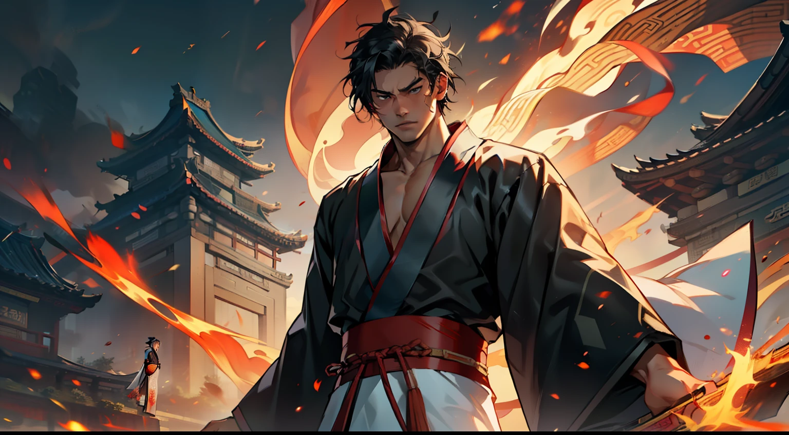 18. (1 person) The boy with a (((Black coat))), (((Black Hanfu youth))), and (((Black hair))) does not falter, his chest burning with flames. (Background: The magnificent imperial palace of ancient China)