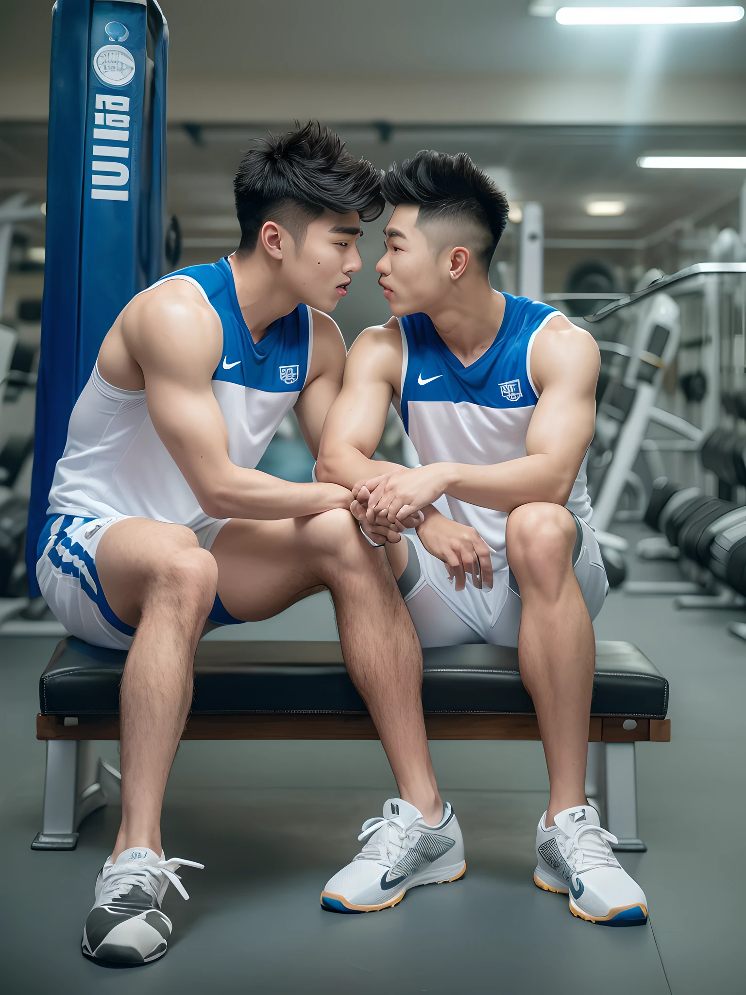 2 boys kissing, Smiling, Realistic photography, Chinese athlete, (Handsome and muscular:1.4), vast pecs,20 years young, Height 188cm, full body, sitting on a bench, (in the gym:1.5), Big and bright eyes, thick eyebrow, Sleeveless blue and white football uniform, Compressed football shorts, White socks, Black football boots