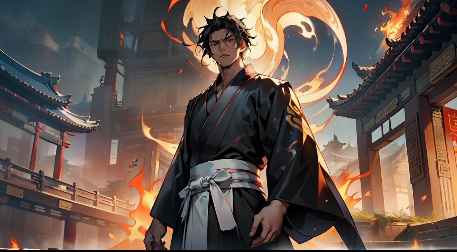 18. (1 person) The boy with a (((Black coat))), (((Black Hanfu youth))), and (((Black hair))) does not falter, his chest burning with flames. (Background: The magnificent imperial palace of ancient China)