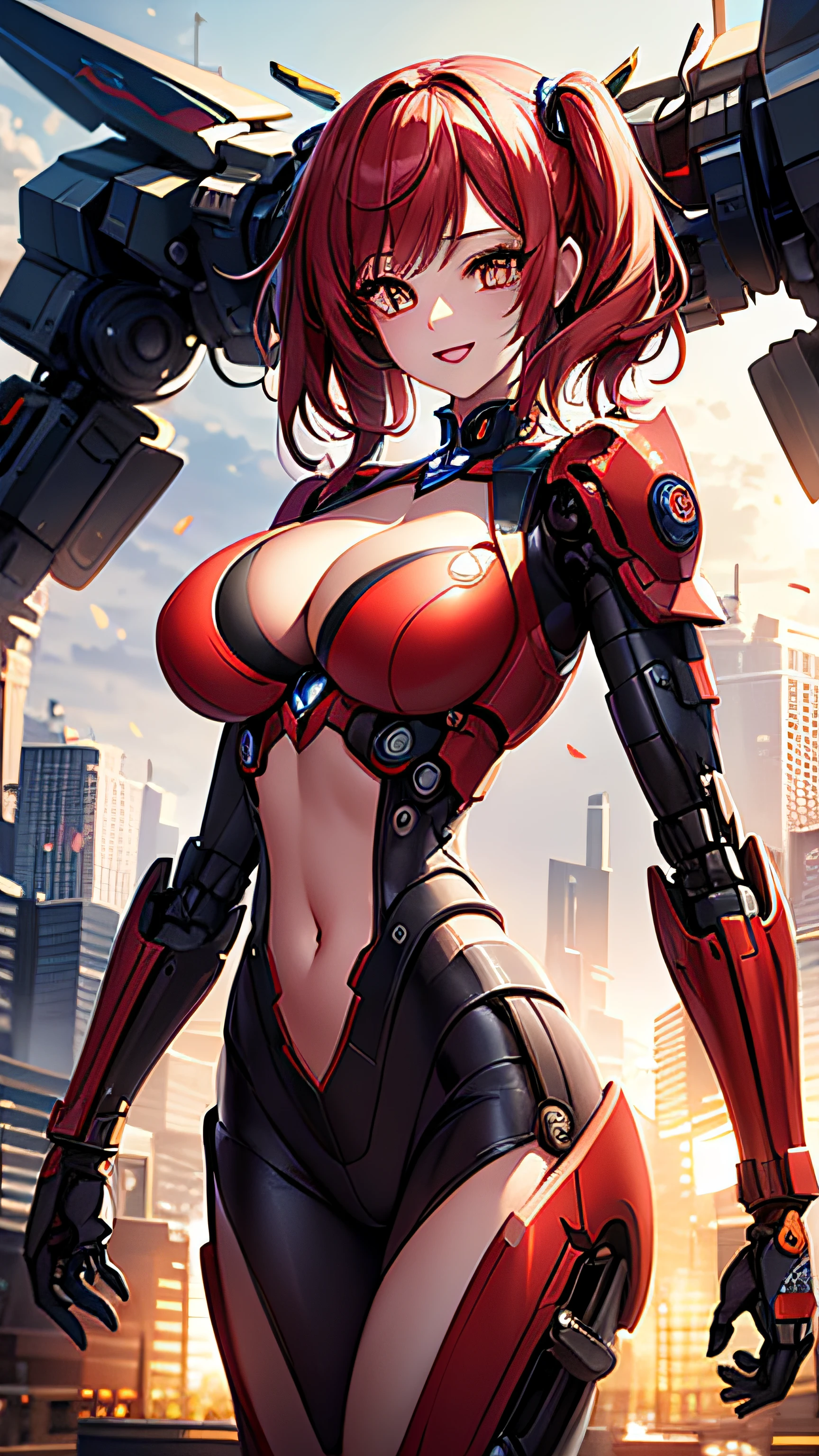 Harley Quinn ((masterpiece, best quality)),illustration,ultra detailed 8k,photorealistic,sharp focus,highly detailed,professional lighting,colorful details,iridescent colors BREAK extreme long shot of a factory,large mechanical robot construction,microchip,computer,glowing,intricate details,shitu-mecha,1girl is standing in front of the audience,Navel