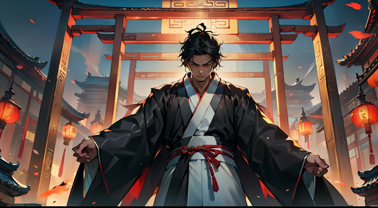 20. (1 person) The boy with a (((Black coat))), (((Black Hanfu youth))), and (((Black hair))) gazes resolutely, vowing to prove his value and power through his own efforts and courage. (Background: The magnificent imperial palace of ancient China)