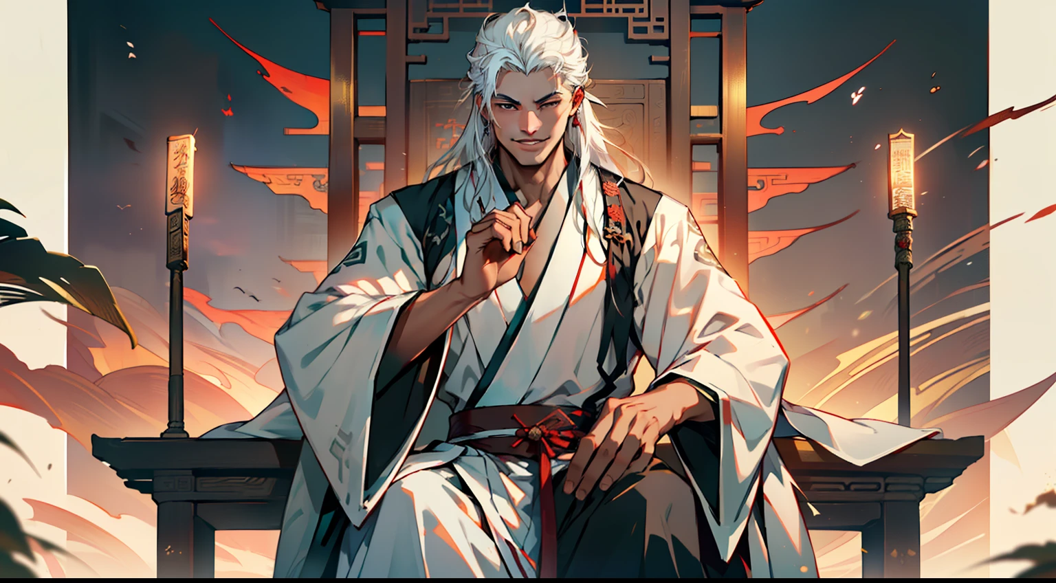 21. (1 person) The boy with (((white hair))), (((white Hanfu youth))), and (((long white hair))) sits on the sacred throne, arrogantly smiling, as if mocking the foolishness and arrogance of the boy with a (((Black coat))), (((Black Hanfu youth))), and (((Black hair))). (Background: The magnificent imperial palace of ancient China)