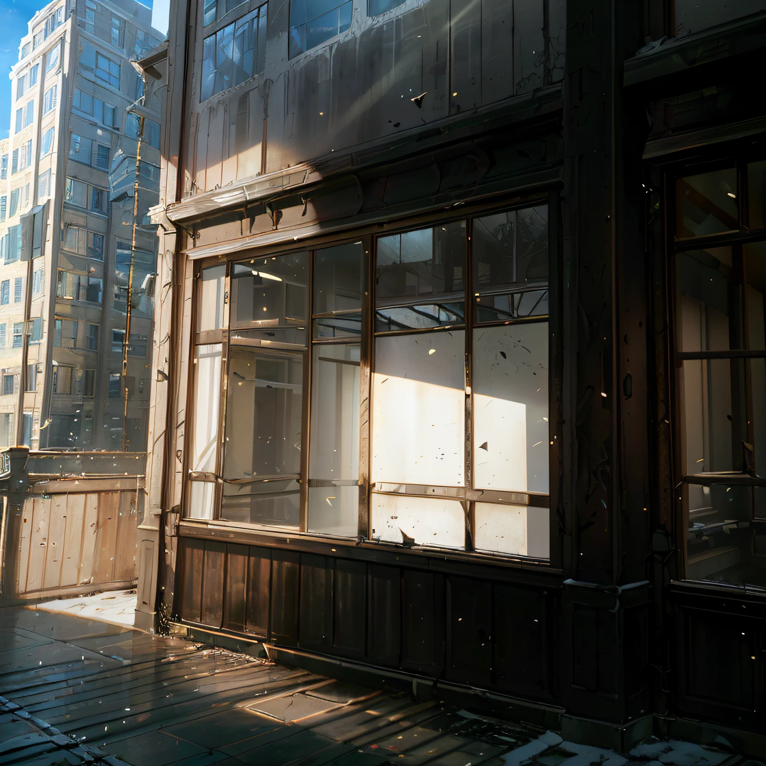 There is a building,There is a clock on it, sunlit windows, buildings photorealism, inspired by Richard Estes, rendered in rtx, author:Richard Estes, alexey egorov, rendered in cryengine, light reflecting off windows, David Kassan, sunshine through window, Empty buildings, light through windows, light coming from the windows