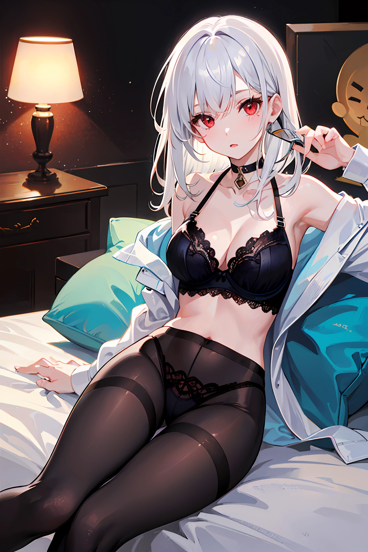 White-haired girl with red eyes wearing black lace bra black pantyhose black lace panties lying on bed with open thighs open face facing the camera