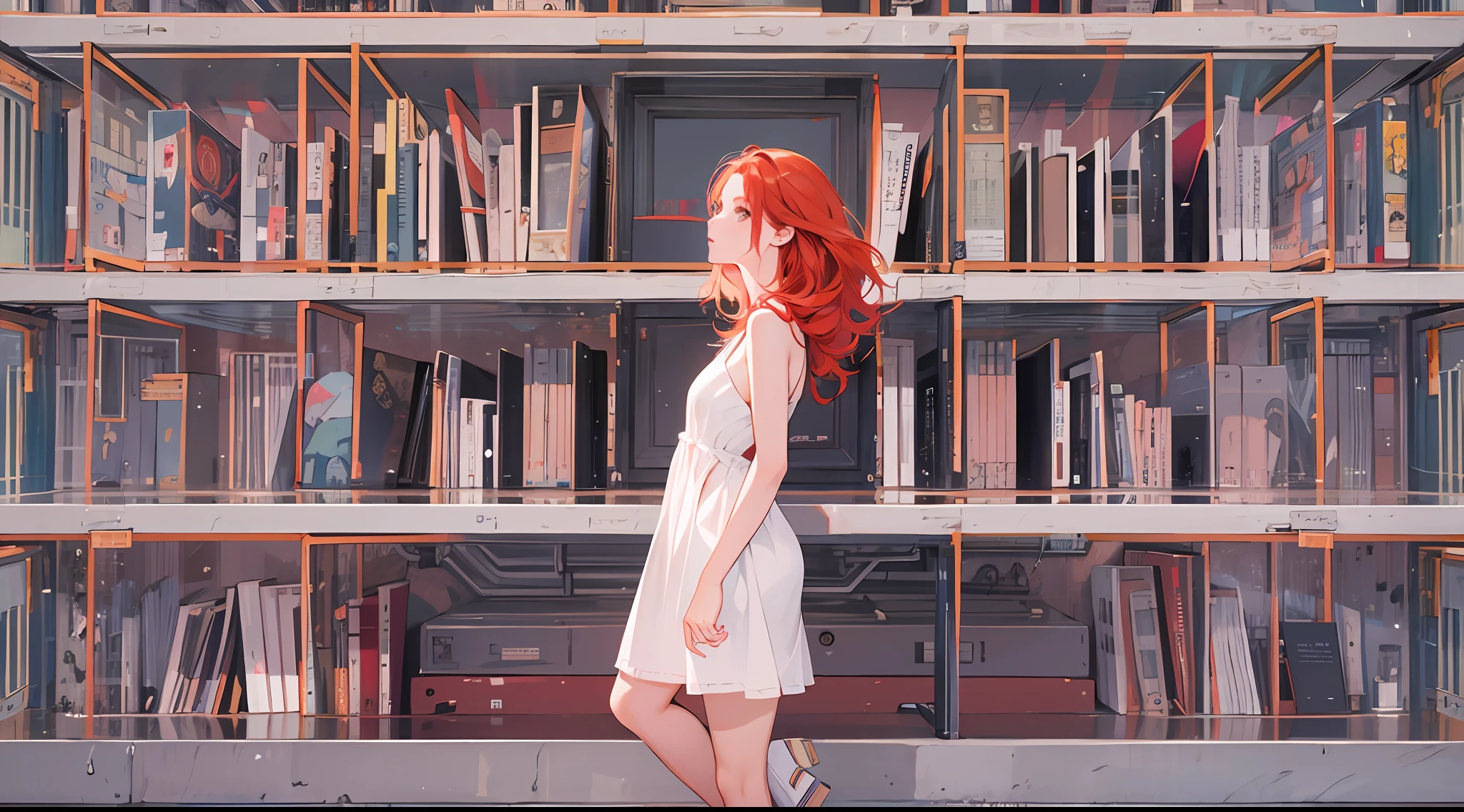 "Create an ultra-detailed digital imaging masterpiece with the best quality and a beautiful woman with red hair and prying eyes in a floating setting, with impressive lighting, in a dynamic, high-resolution pose." --auto