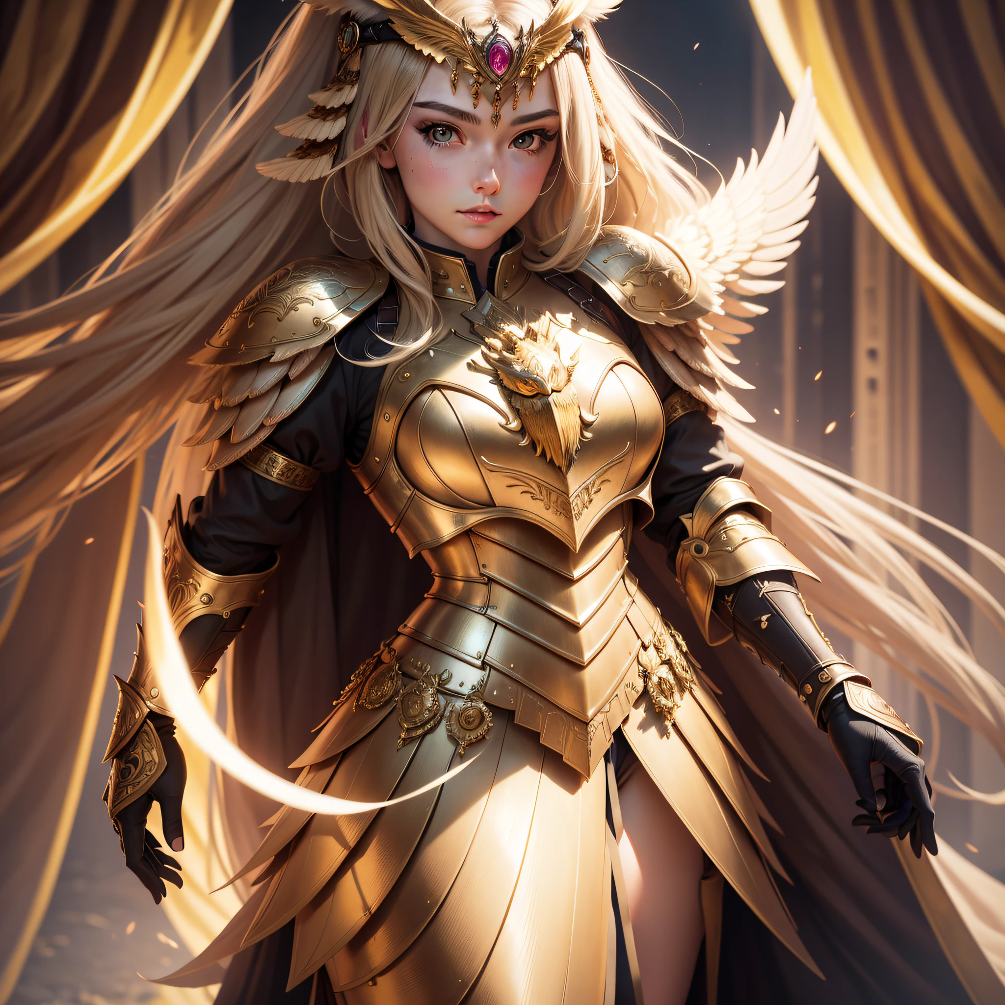 UHD, masterpiece, super detail, high details, high quality, best quality, highres, 4K, full body portrait of a young woman golden owl chest plate armor, girl in armor, full owl headpiece, ultra detailed, ultra sharp,