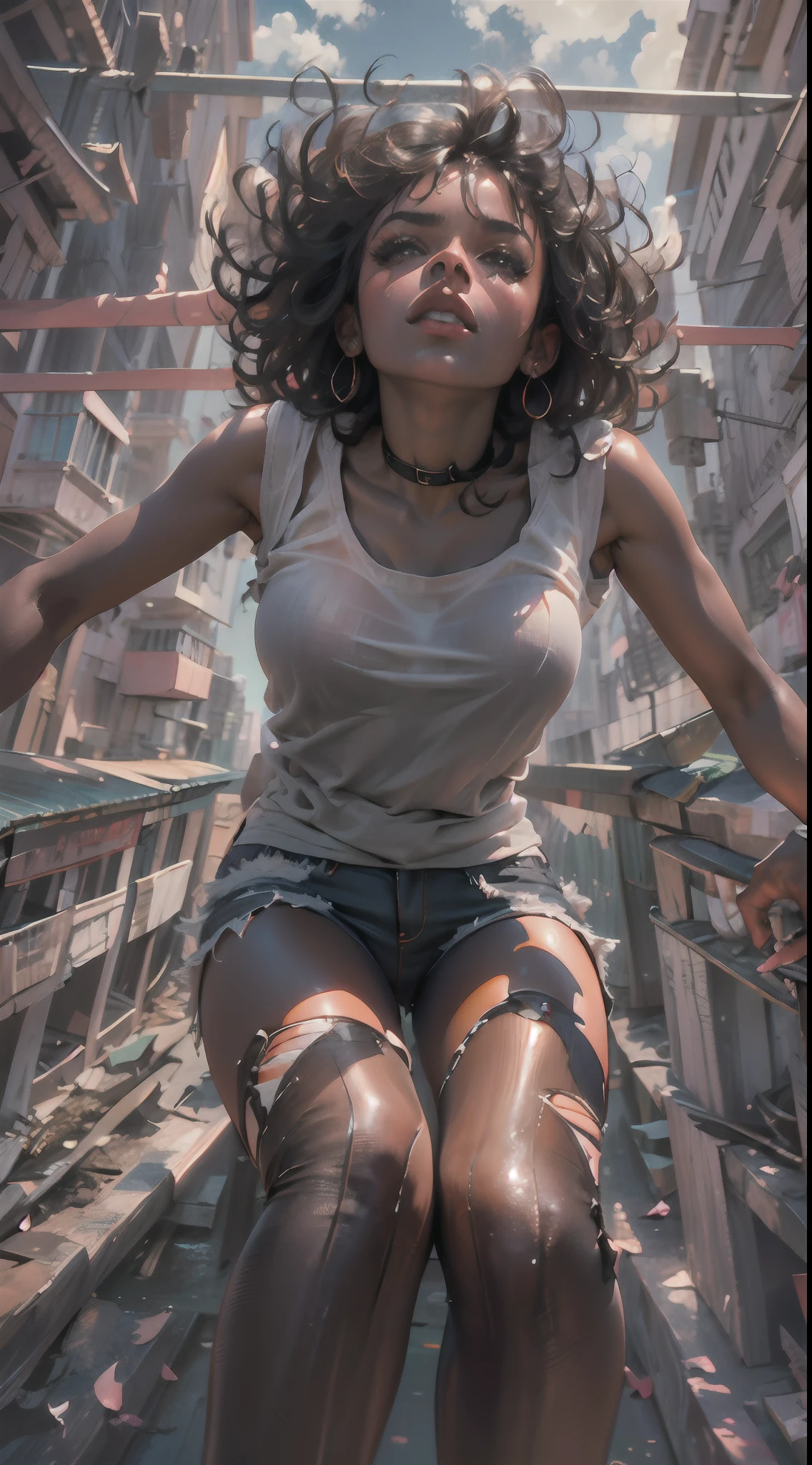 woman, (((from below))), busy city, foreshortening, (seductive pose), looking at viewer, mad, blackcutoffs, (eye contact), african, photorealistic, masterpiece, realistic, high contrast, hyper detailed, best quality, ultra high res, photorealistic, high resolution, detailed, raw photo,